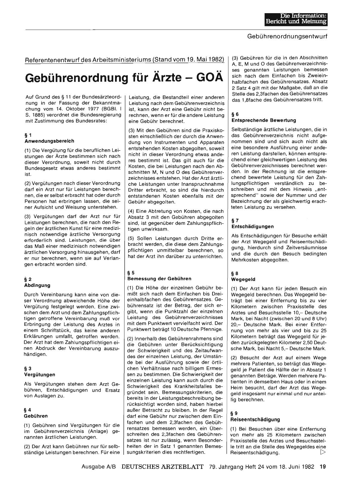 Vorschauseite 1: Referentenentwurf des Arbeitsministeriums (Stand vom 19. Mai 1982) Gebührenordnung für Ärzte GOÄ