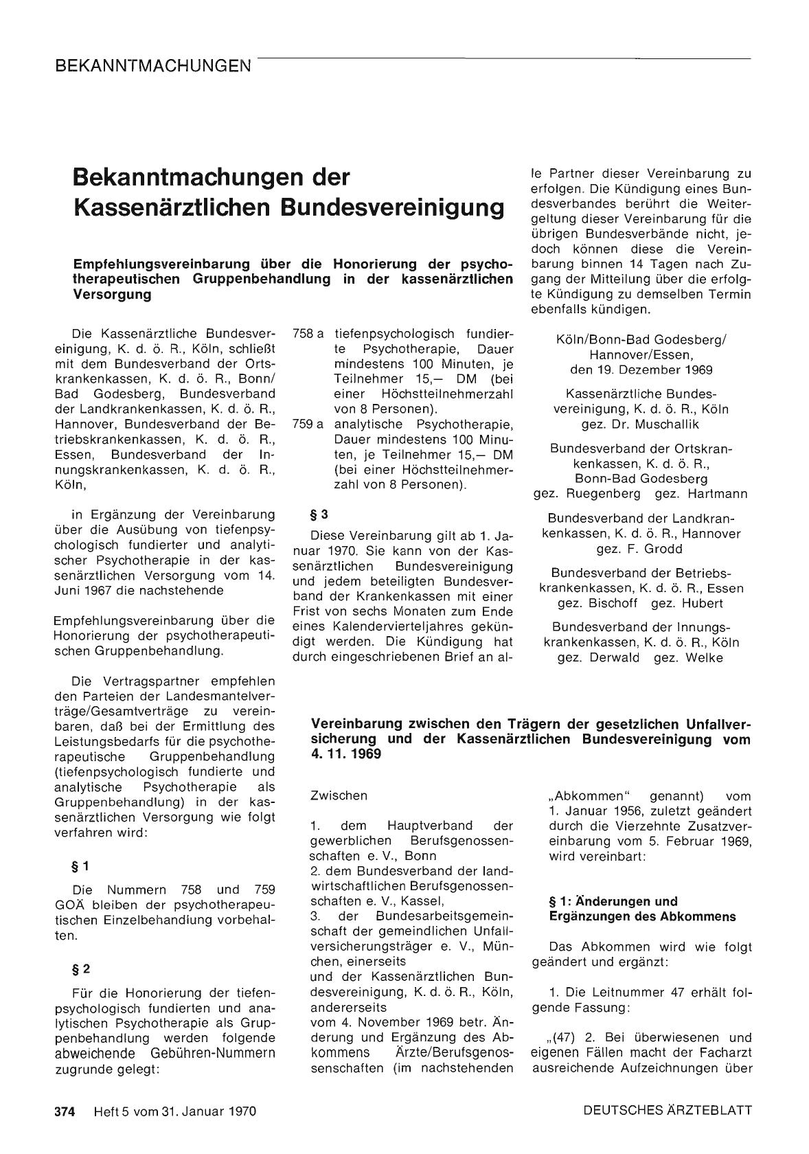 Vorschauseite 1: Bekanntmachungen der Kassenärztlichen Bundesvereinigung: Empfehlungsvereinbarung über die Honorierung der psychotherapeutischen Gruppenbehandlung in der kassenärztlichen Versorgung