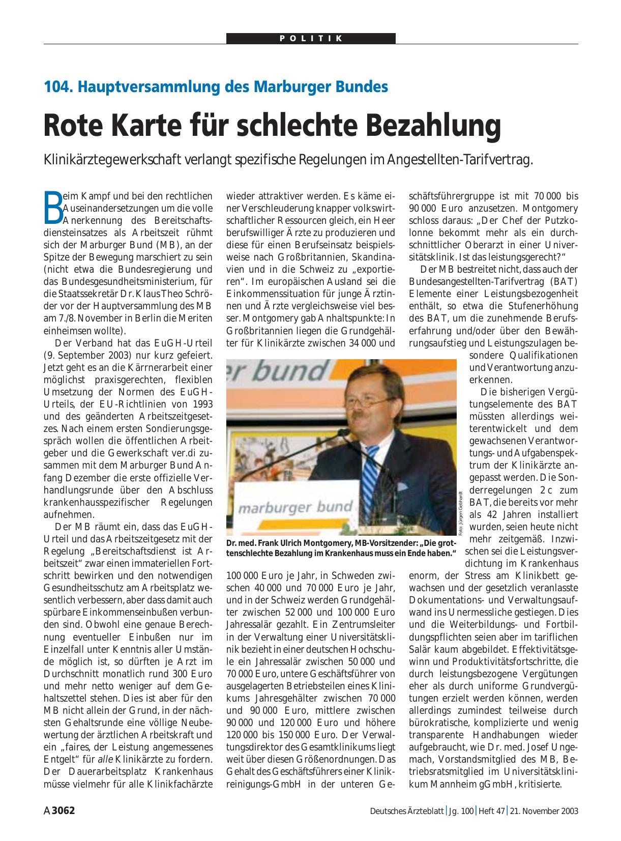 Vorschauseite 1: 104. Hauptversammlung des Marburger Bundes: Rote Karte für schlechte Bezahlung