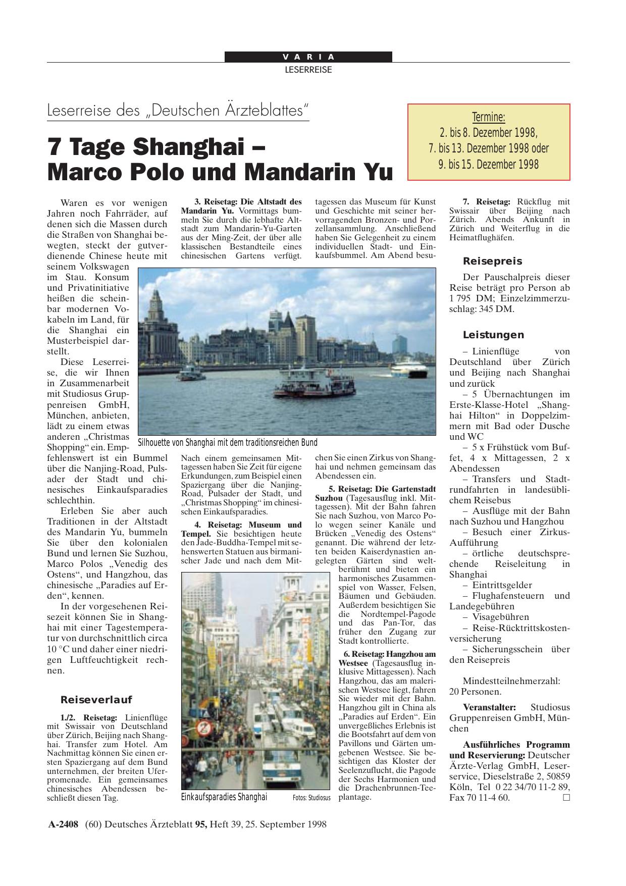 Vorschauseite 1: Leserreise des „Deutschen Ärzteblattes“: 7 Tage Shanghai -Marco Polo und Mandarin Yu