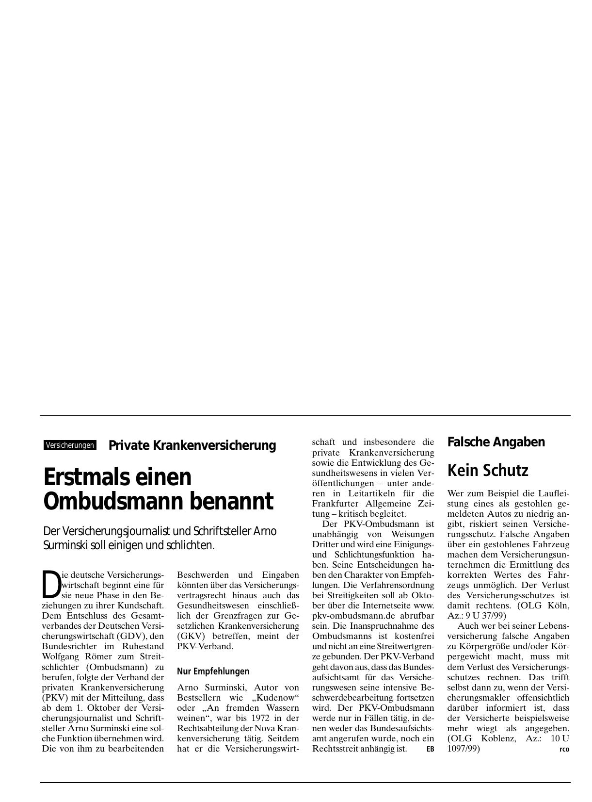 Vorschauseite 1: Private Krankenversicherung: Erstmals einen Ombudsmann benannt
