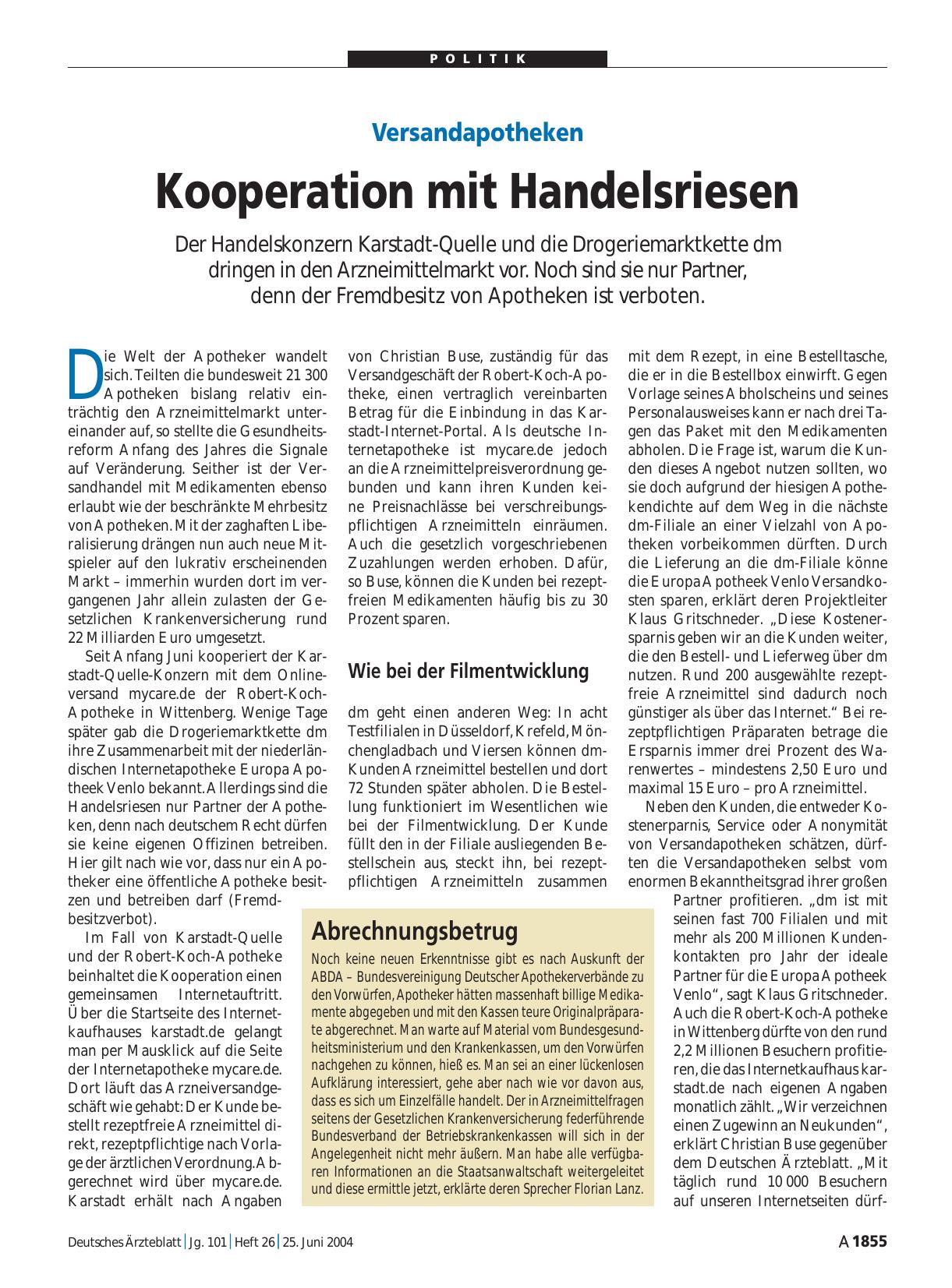 Vorschauseite 1: Versandapotheken: Kooperation mit Handelsriesen