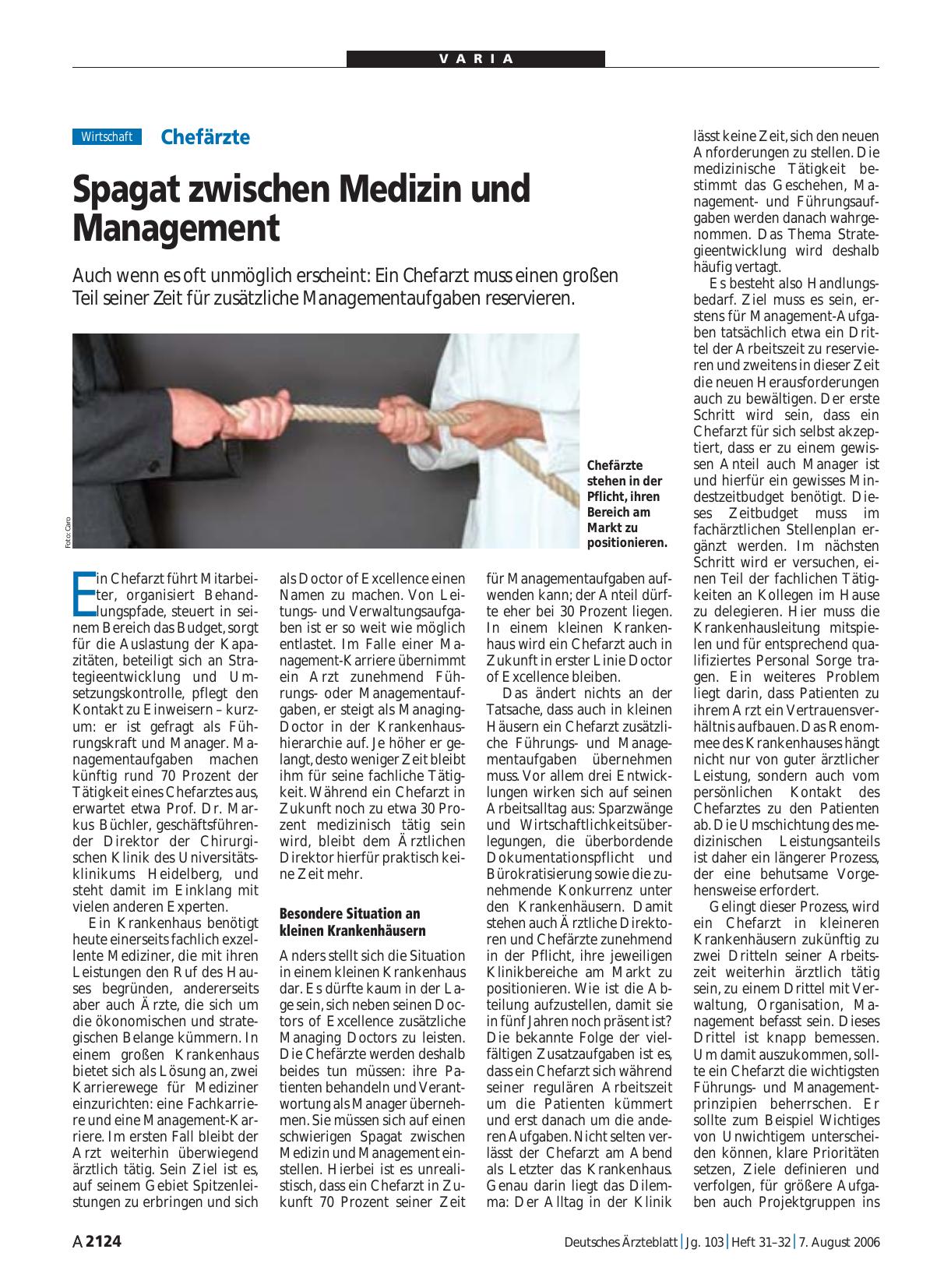 Vorschauseite 1: Chefärzte: Spagat zwischen Medizin und Management
