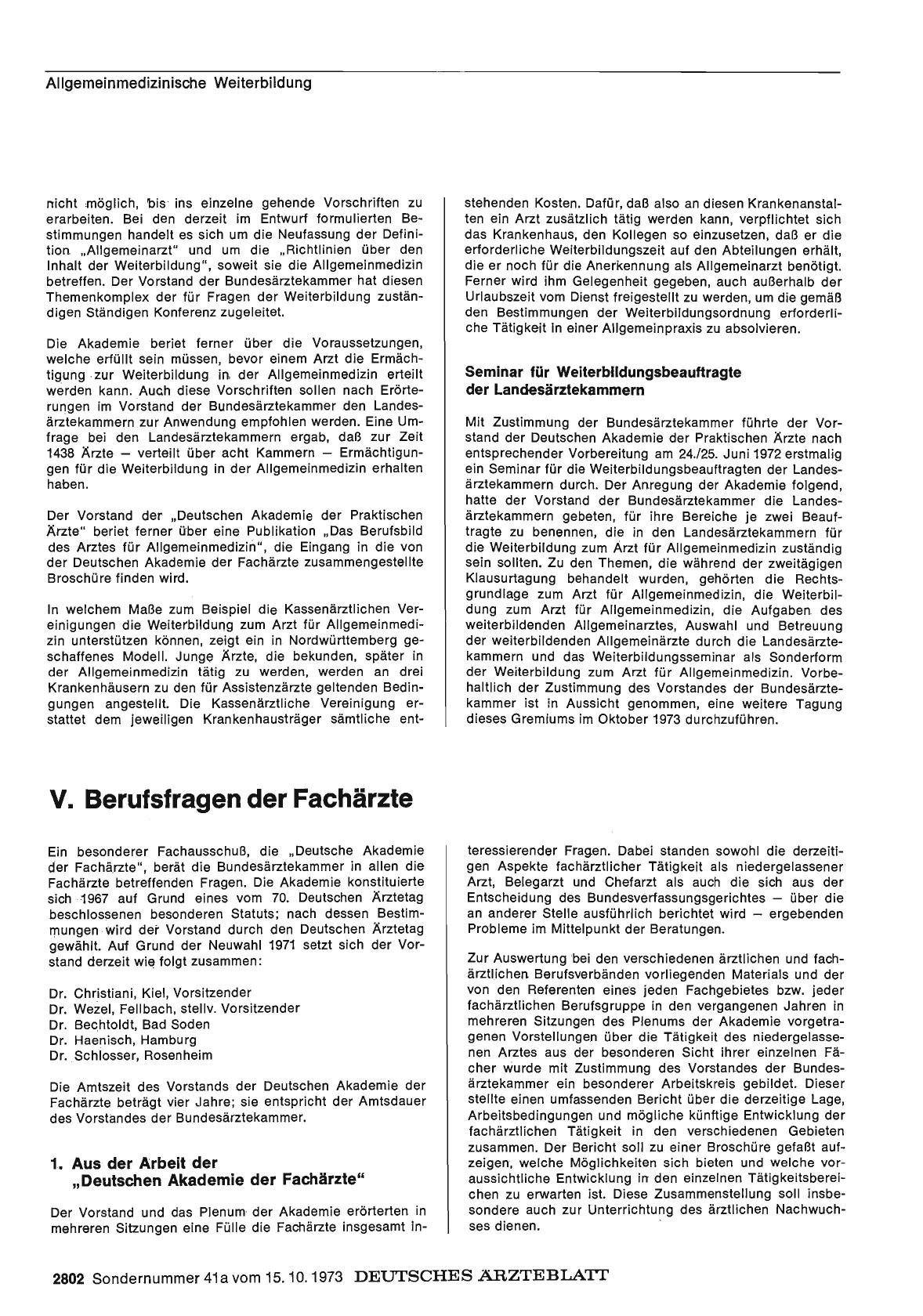 Vorschauseite 1: Bericht über das Jahr 1972/73: E. Der Arzt im Beruf: V. Berufsfragen der Fachärzte