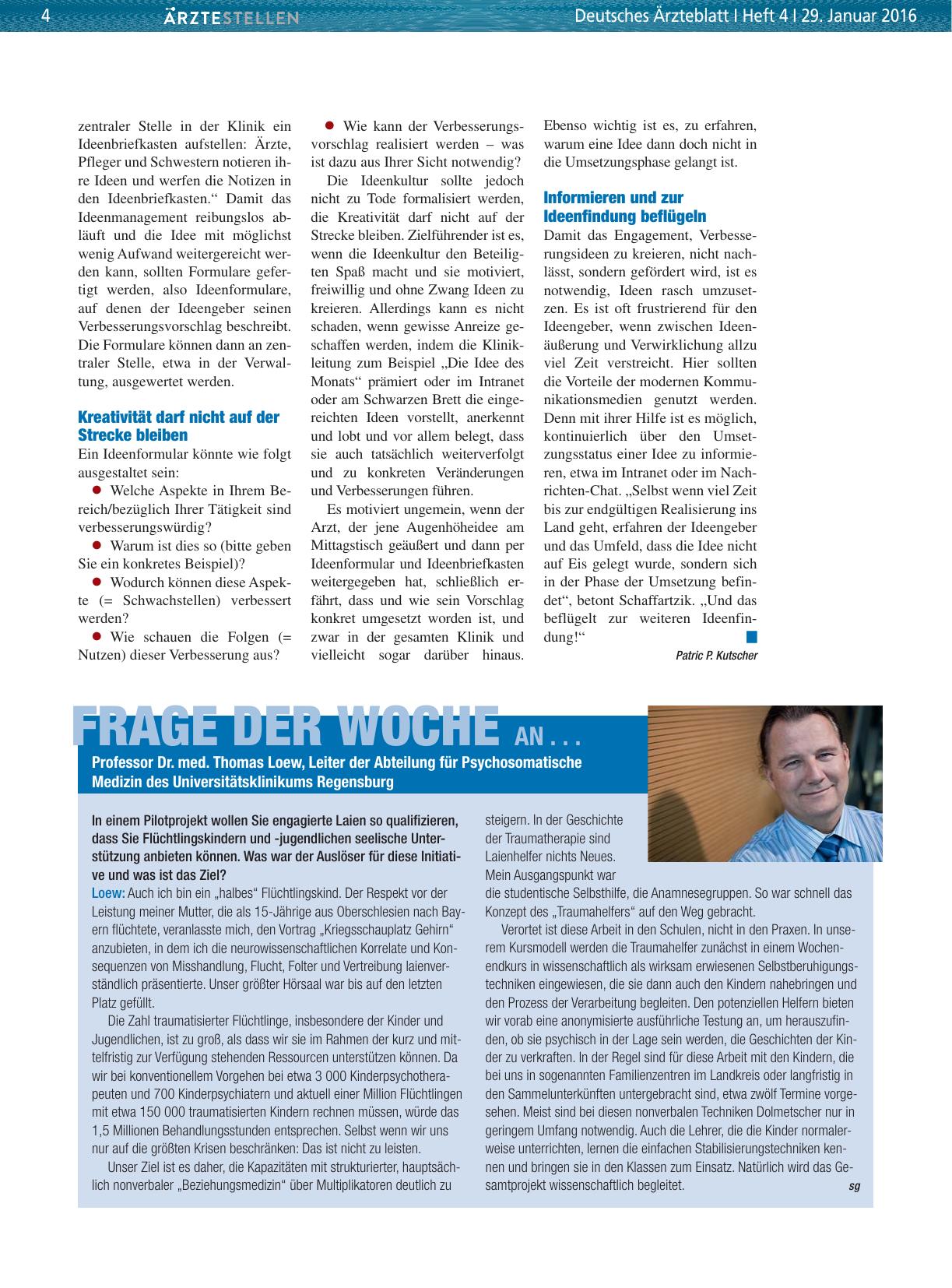 Vorschauseite 1: Frage der Woche an. .. Professor Dr. med. Thomas Loew, Leiter der Abteilung für Psychosomatische Medizin des Universitätsklinikums Regensburg