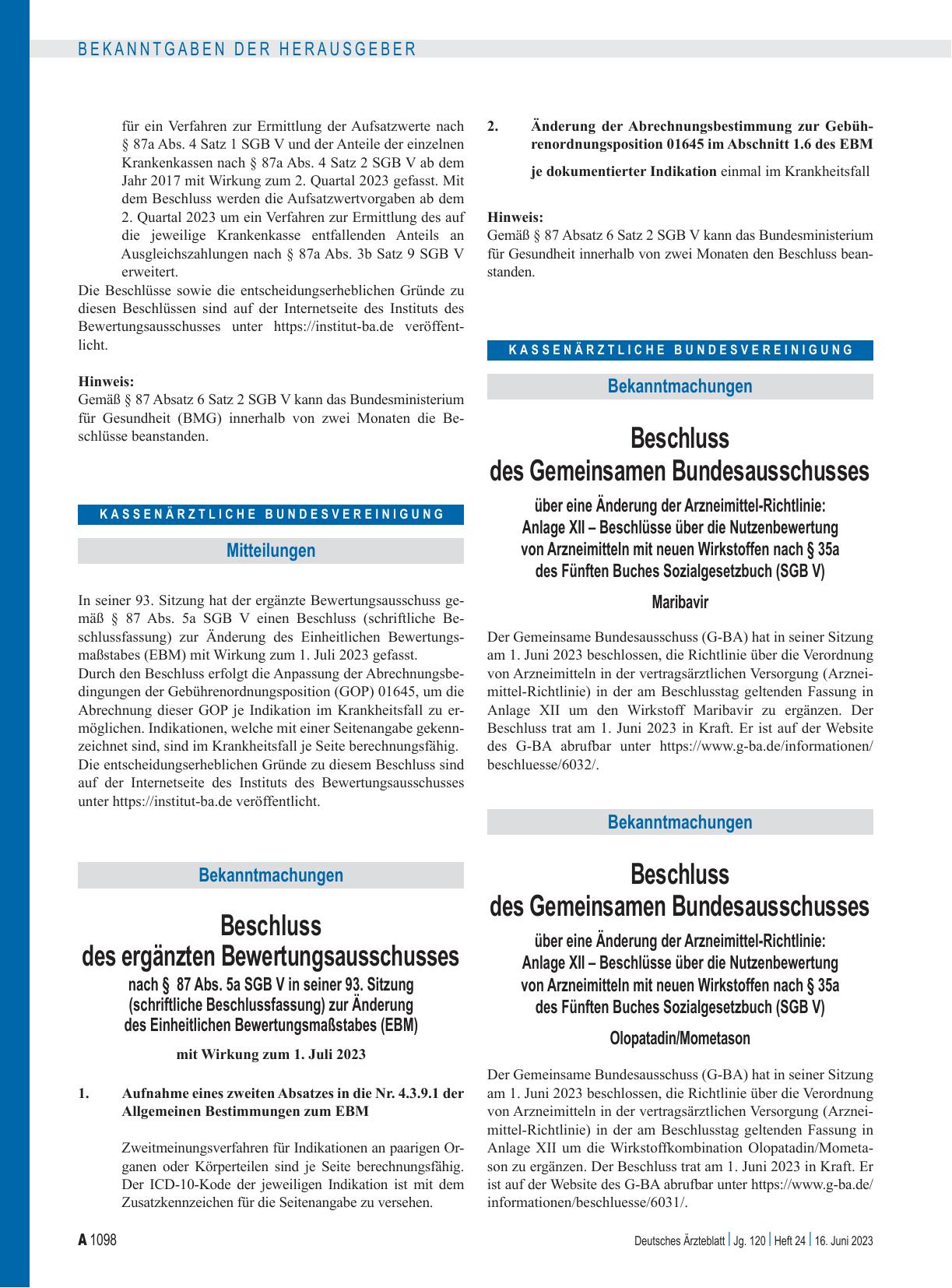 Vorschauseite 1: Beschluss des Gemeinsamen Bundesausschusses über eine Änderung der Arzneimittel-Richtlinie: Anlage XII – Maribavir