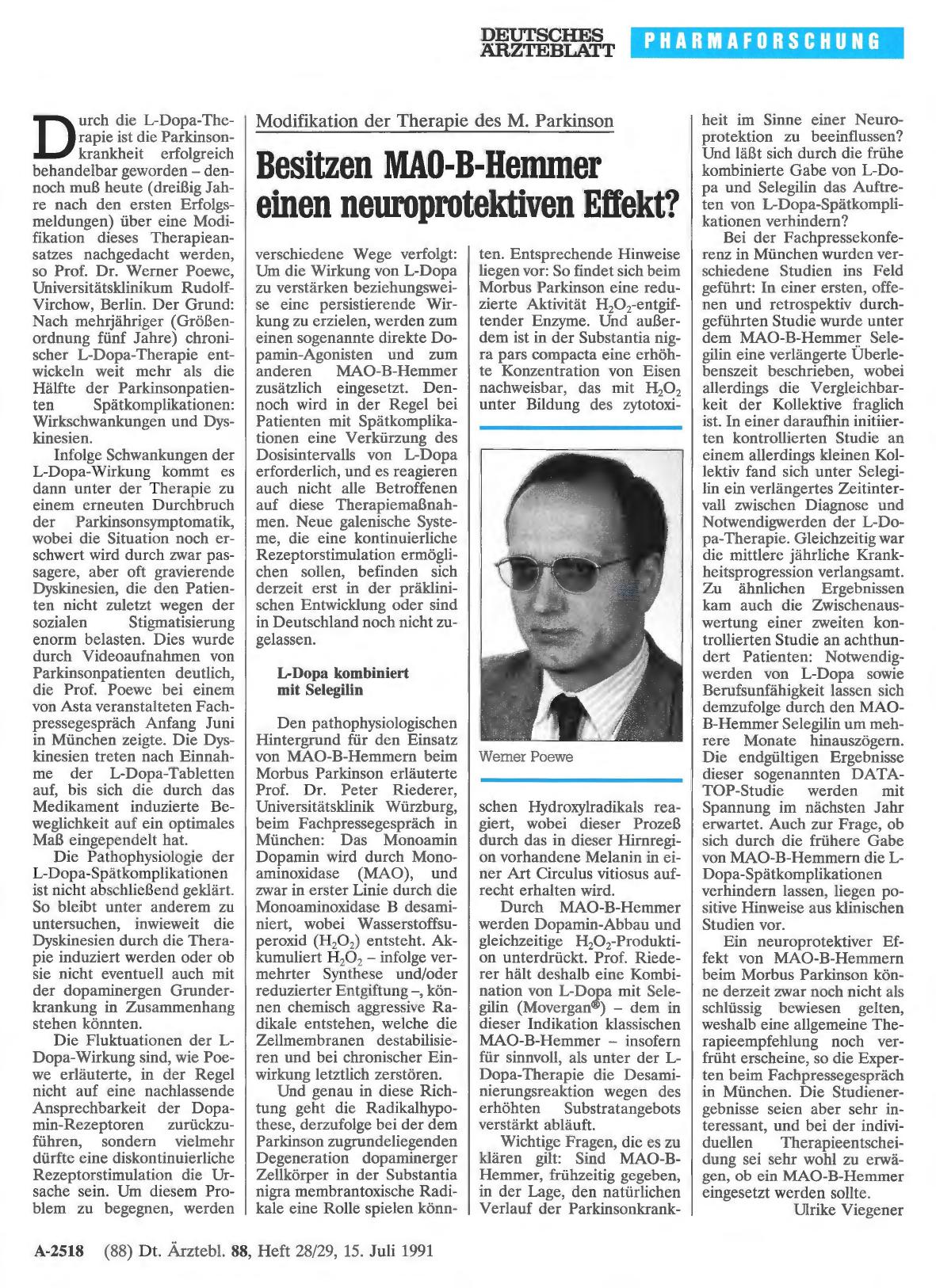 Vorschauseite 1: Modifikation der Therapie des M. Parkinson Besitzen MAO-B-Hemmer einen neuroprotektiven Effekt?