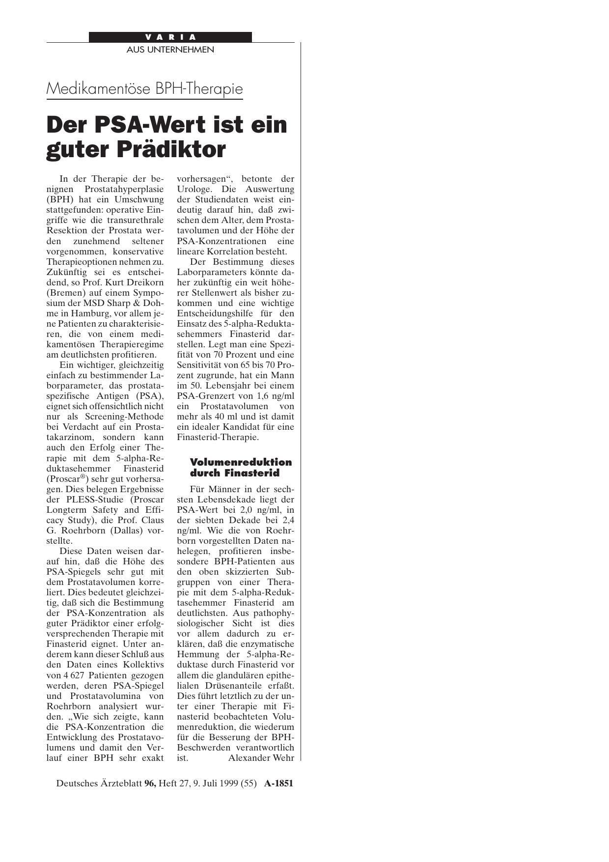 Vorschauseite 1: Medikamentöse BPH-Therapie: Der PSA-Wert ist ein guter Prädiktor