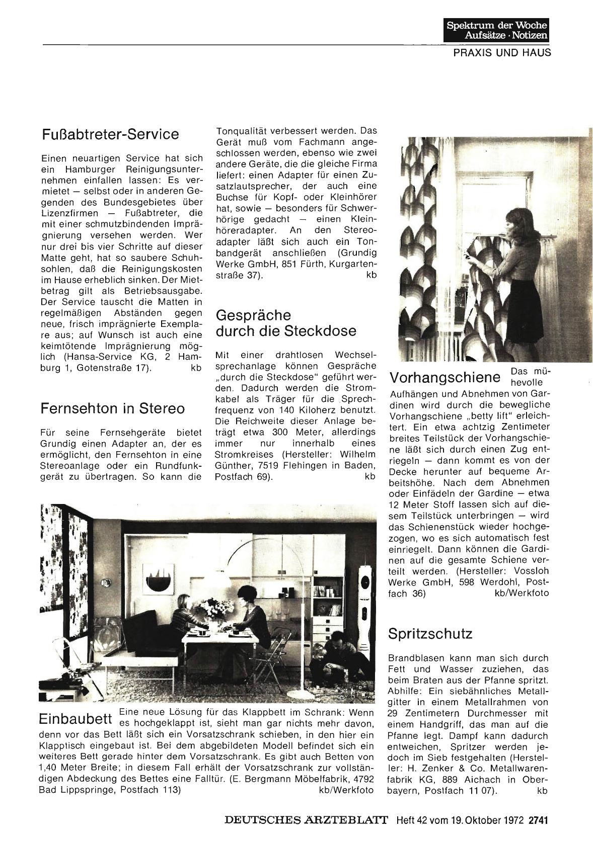 Vorschauseite 1: Fußabtreter-Service / Fernsehton in Stereo / Gespräche durch die Steckdose / Einbaubett / Vorhangschiene / Spritzschutz