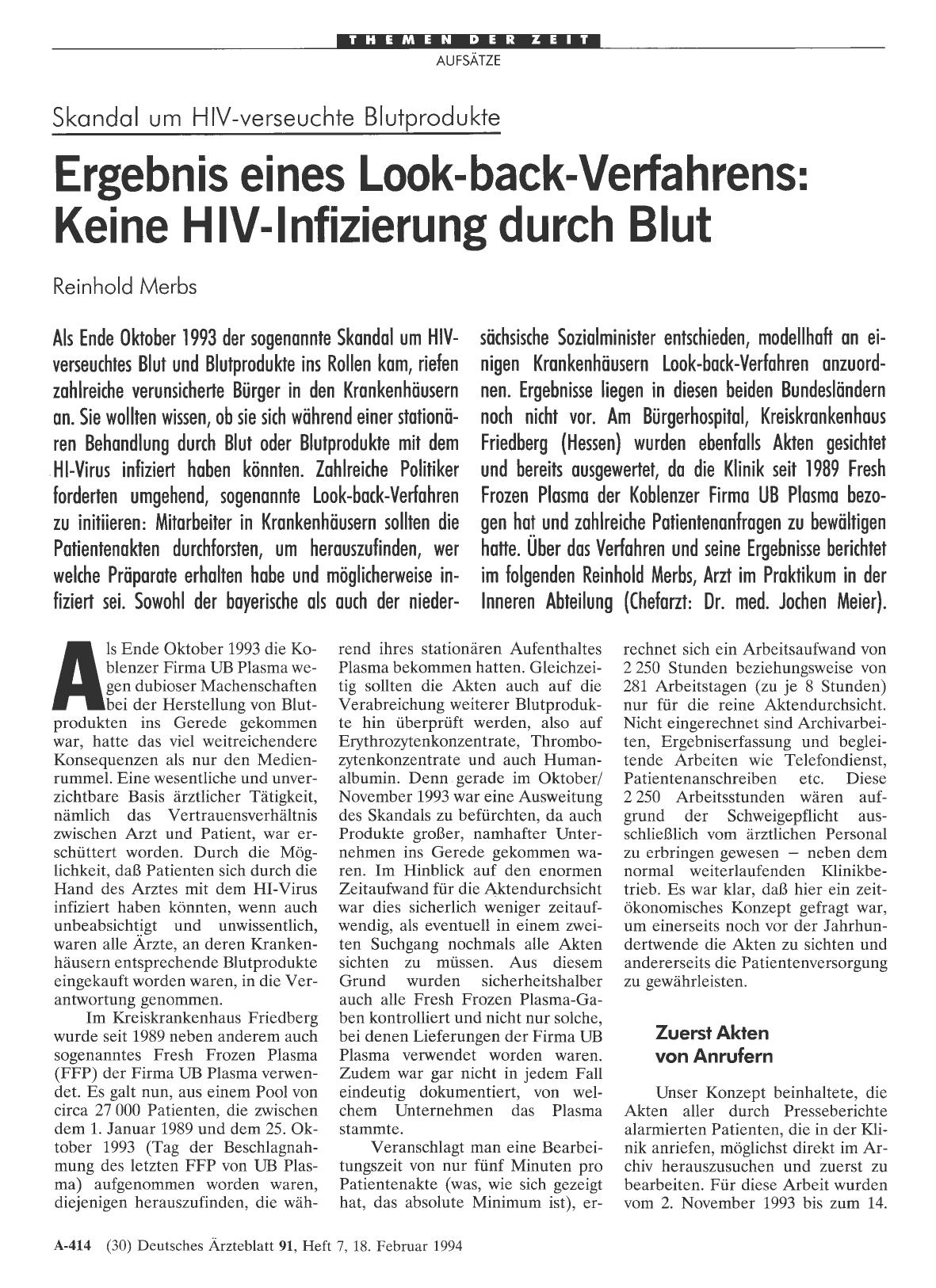Vorschauseite 1: Skandal um HIV-verseuchte Blutprodukte: Ergebnis eines Look-back-Verfahrens: Keine HIV-Infizierung durch Blut