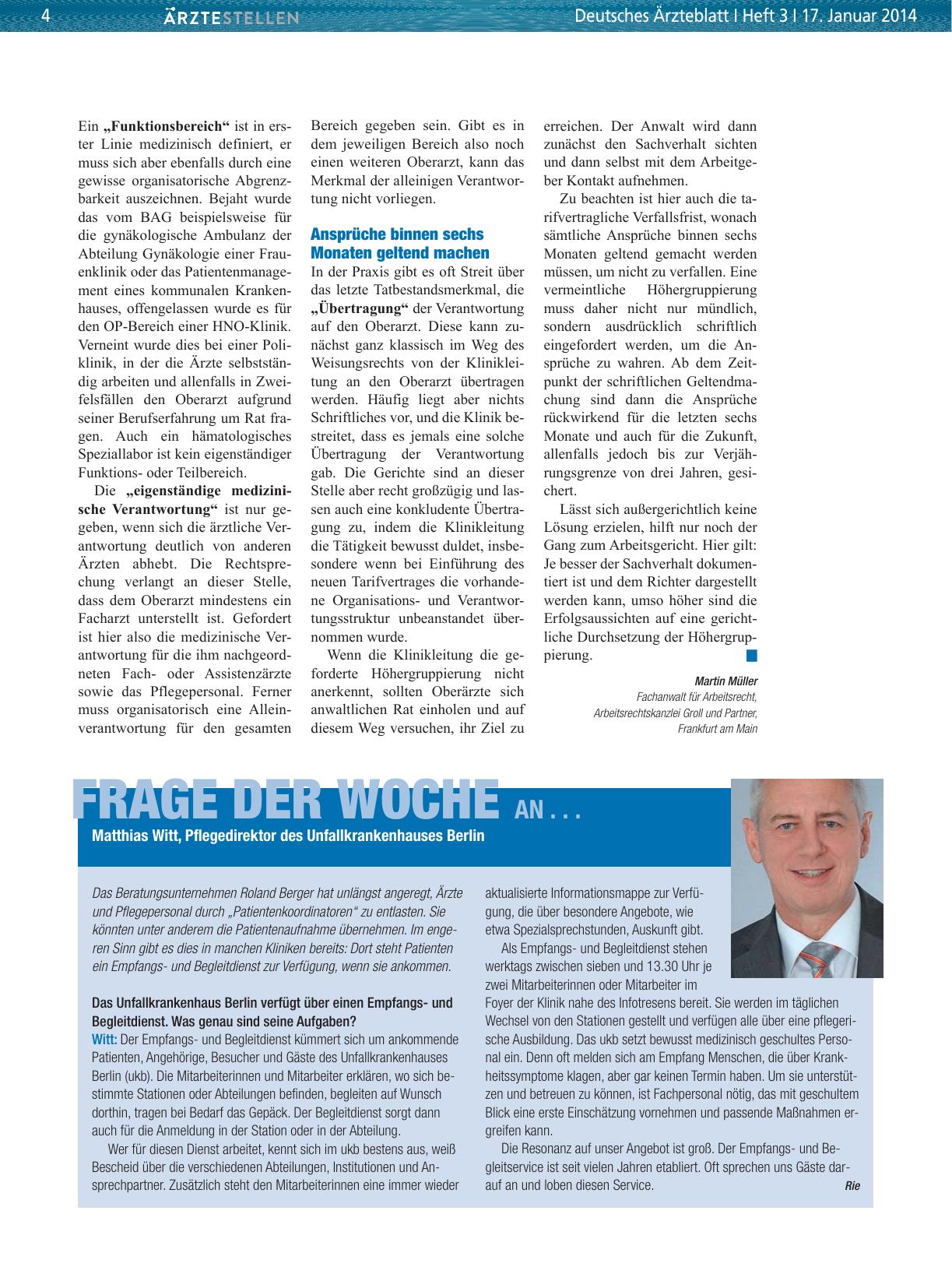 Vorschauseite 1: Frage der Woche an. .. Matthias Witt, Pflegedirektor des Unfallkrankenhauses Berlin