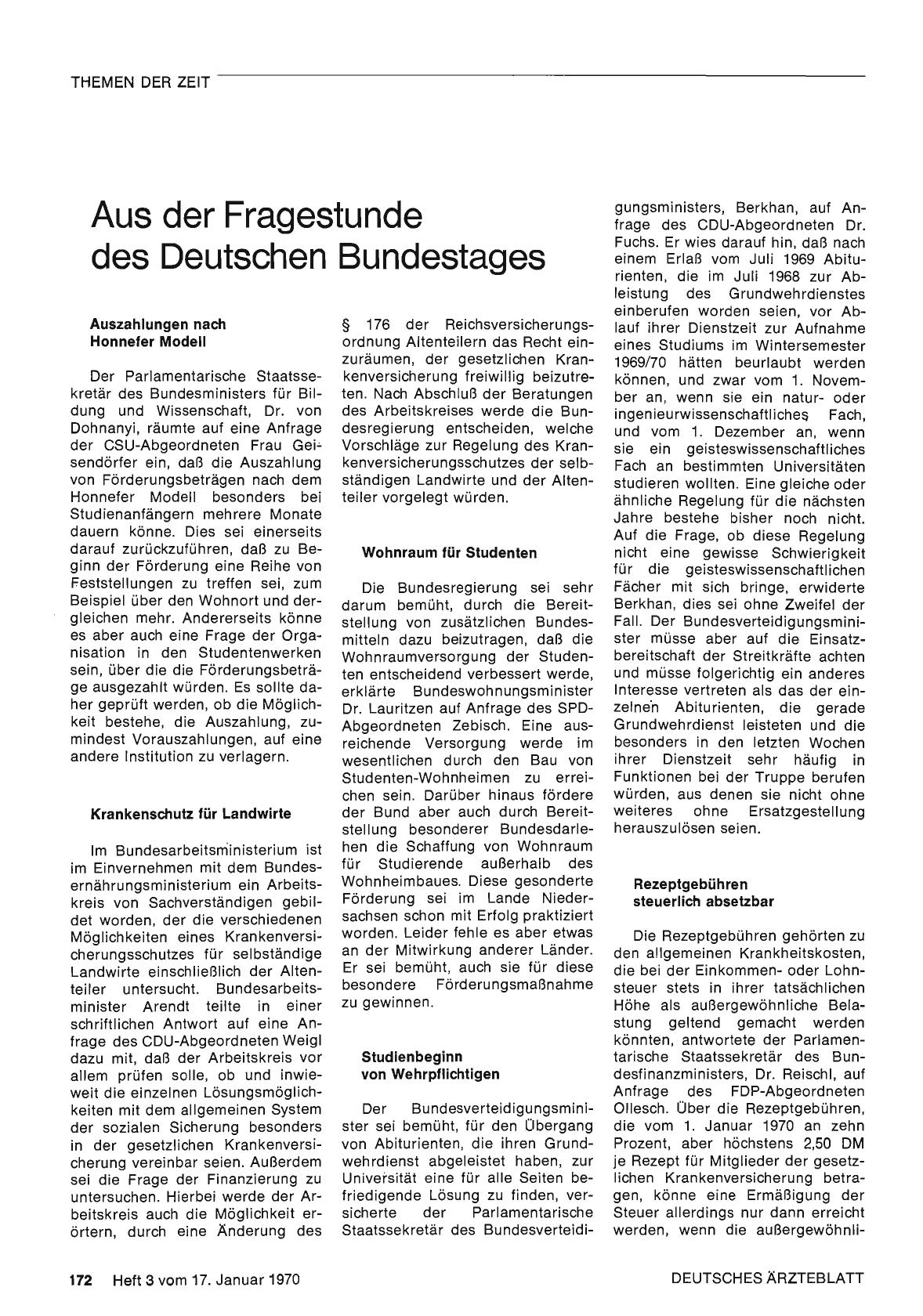 Vorschauseite 1: Aus der Fragestunde des Deutschen Bundestages