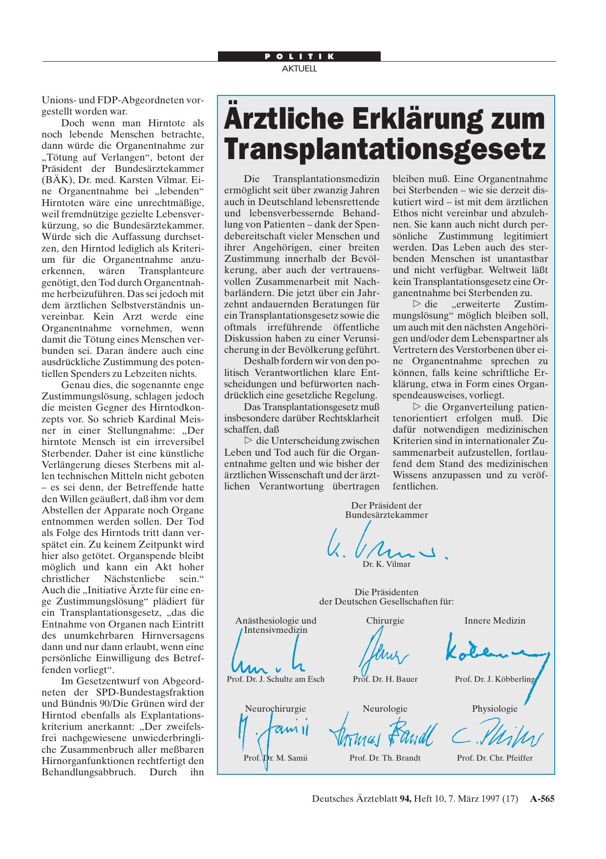 Vorschauseite 1: Ärztliche Erklärung zum Transplantationsgesetz