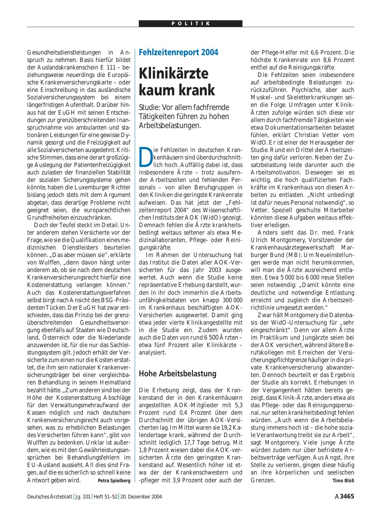Vorschauseite 1: Fehlzeitenreport 2004: Klinikärzte kaum krank