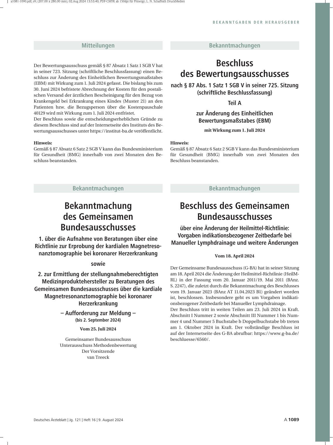 Vorschauseite 1: Beschluss des Bewertungsausschusses nach § 87 Abs. 1 Satz 1 SGB V in seiner 725. Sitzung (schriftliche Beschlussfassung)