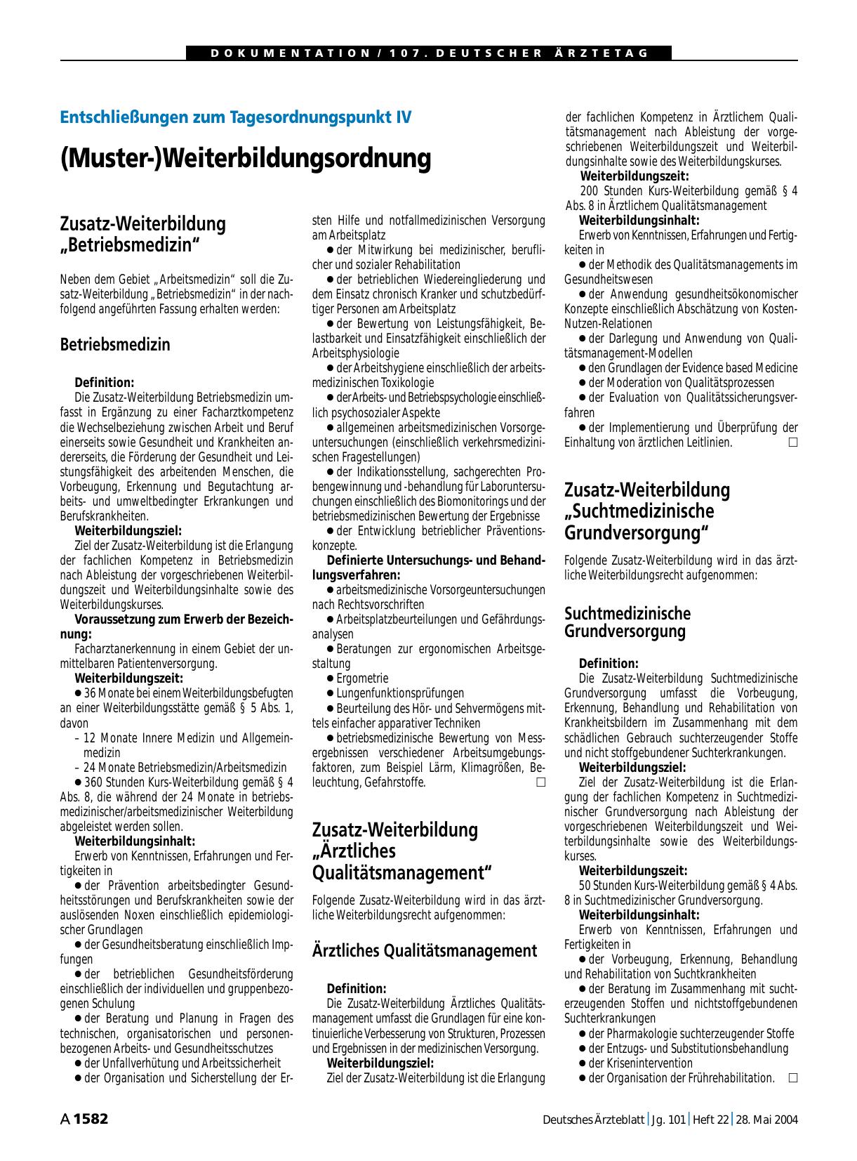 Vorschauseite 1: Entschließungen zum Tagesordnungspunkt IV: (Muster-)Weiterbildungsordnung