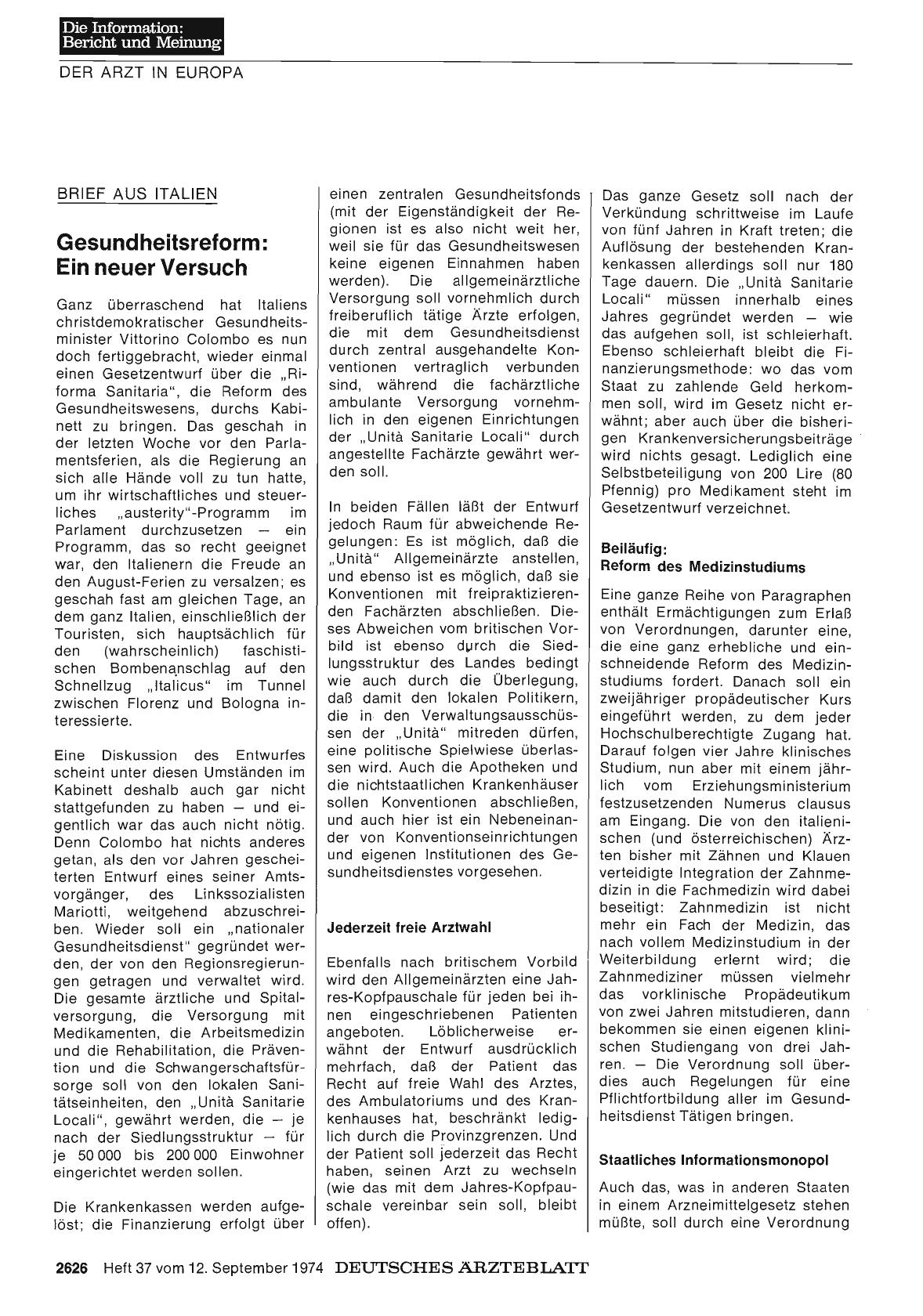 Vorschauseite 1: Brief aus Italien: Gesundheitsreform: Ein neuer Versuch