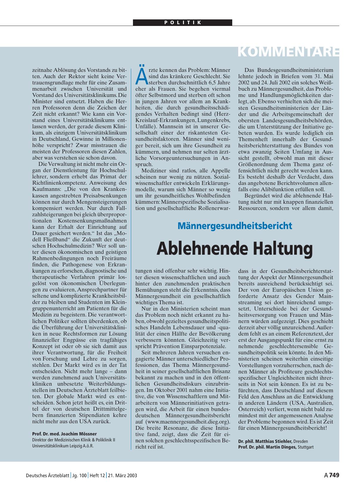 Vorschauseite 1: Männergesundheitsbericht: Ablehnende Haltung