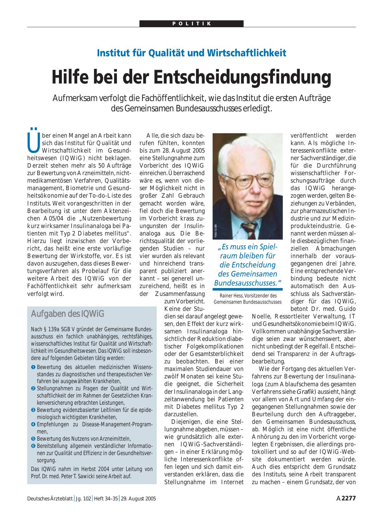 Vorschauseite 1: Institut für Qualität und Wirtschaftlichkeit: Hilfe bei der Entscheidungsfindung