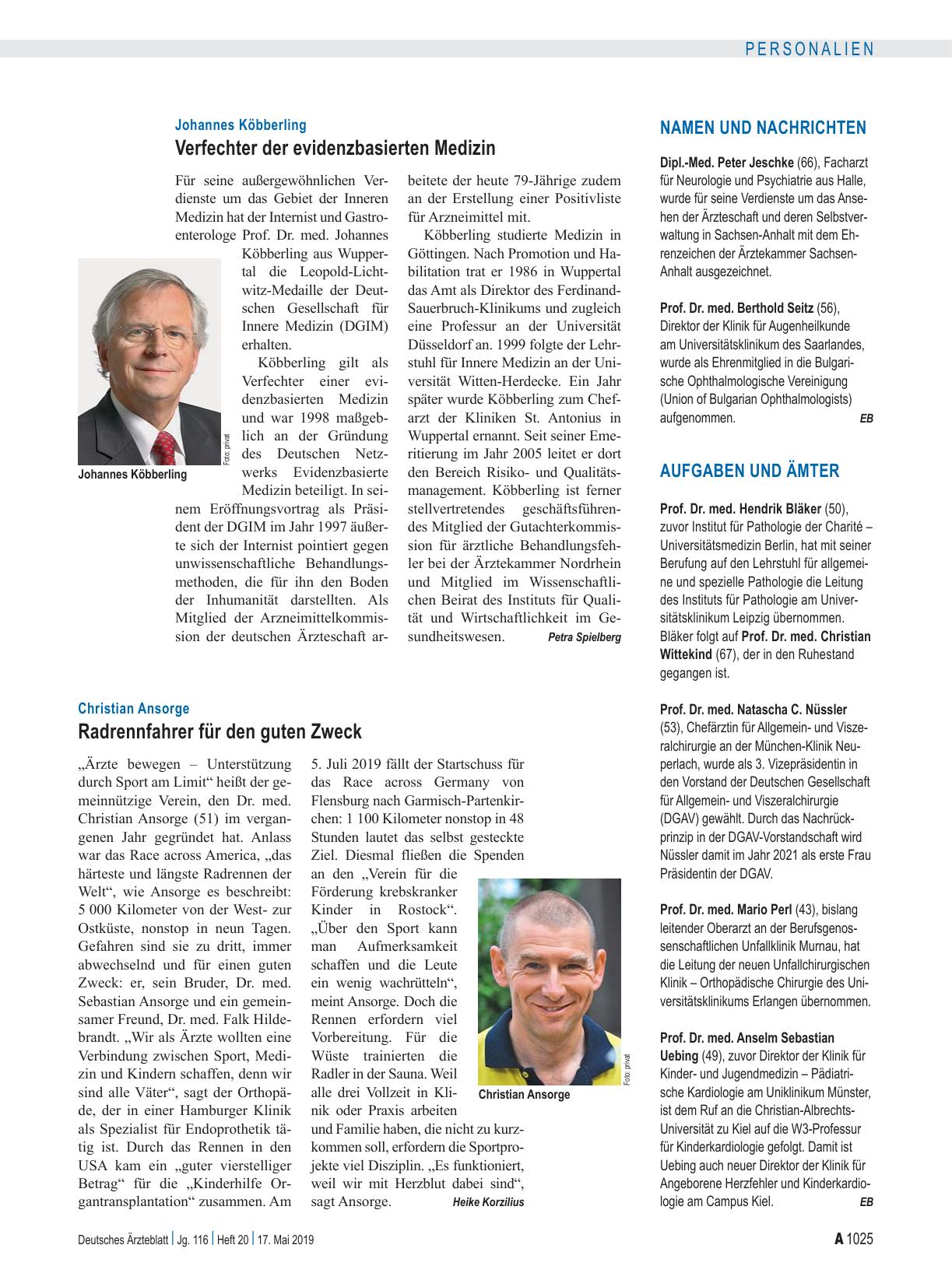 Vorschauseite 1: Johannes Köbberling: Verfechter der evidenzbasierten Medizin