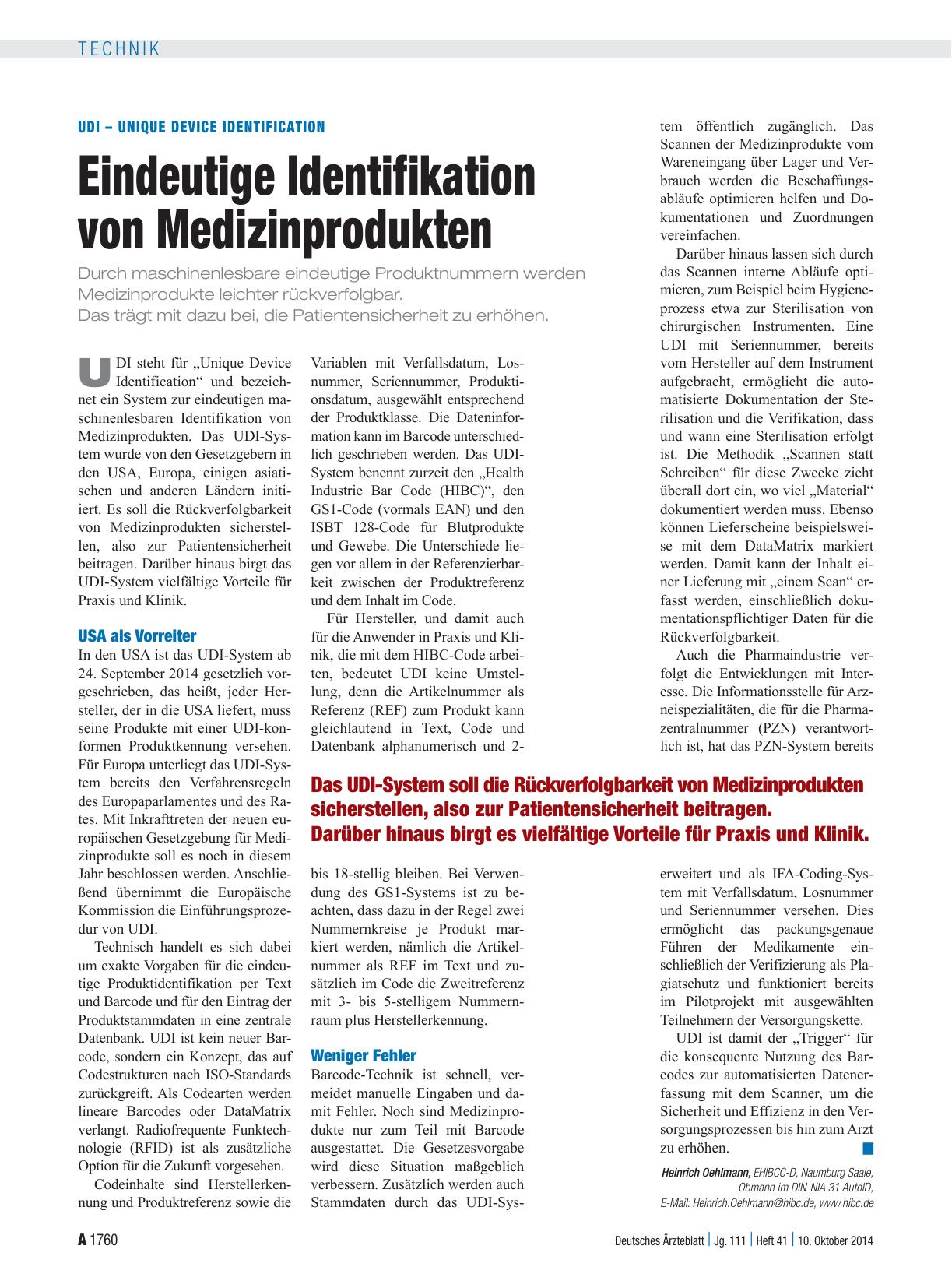 Vorschauseite 1: UDI – Unique Device Identification: Eindeutige Identifikation von Medizinprodukten