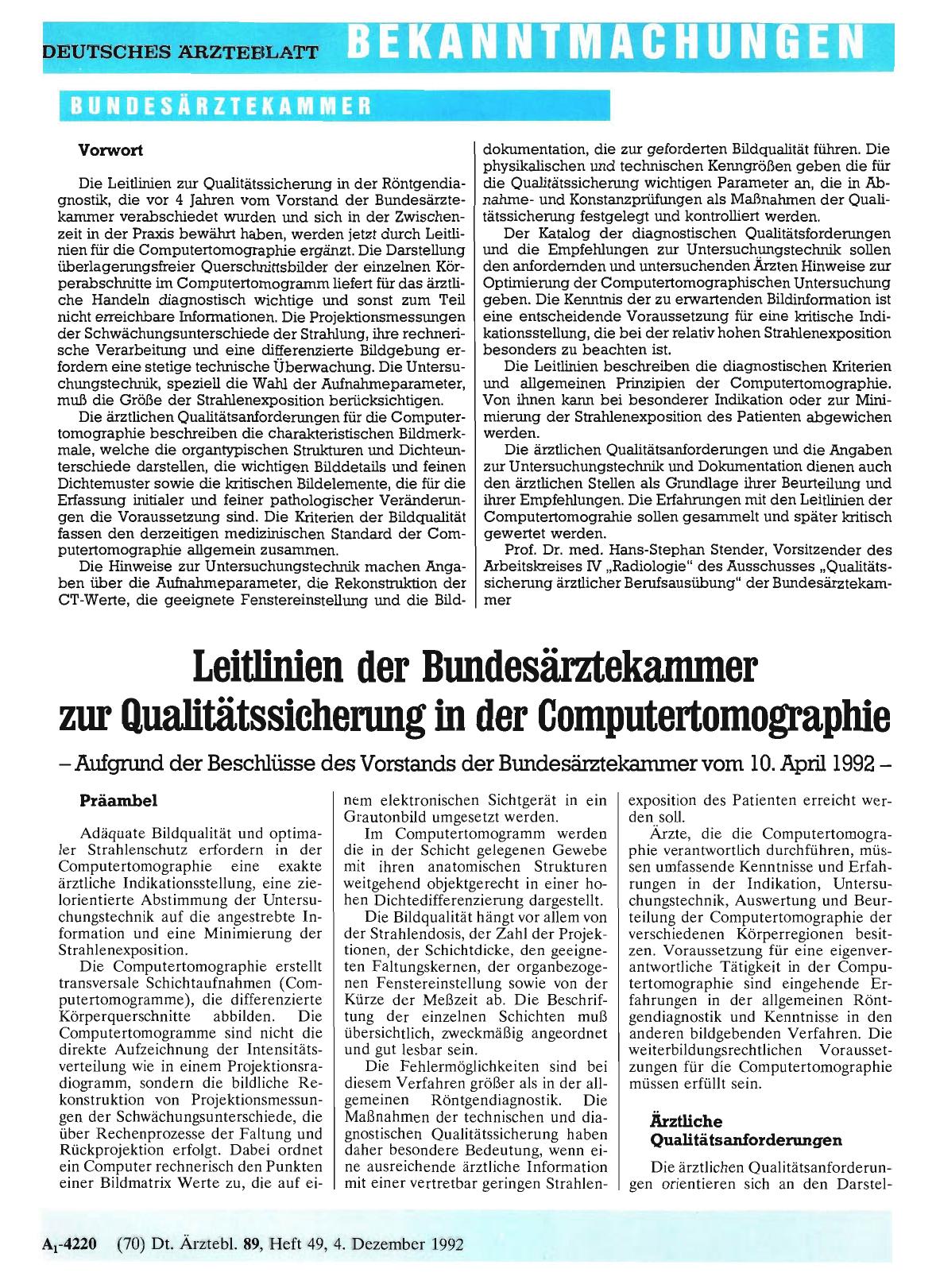 Vorschauseite 1: Leitlinien der Bundesärztekammer zur Qualitätssicherung in der Computertomographie - Aufgrund der Beschlüsse des Vorstands der Bundesärztekammer vom 10. April 1992 -