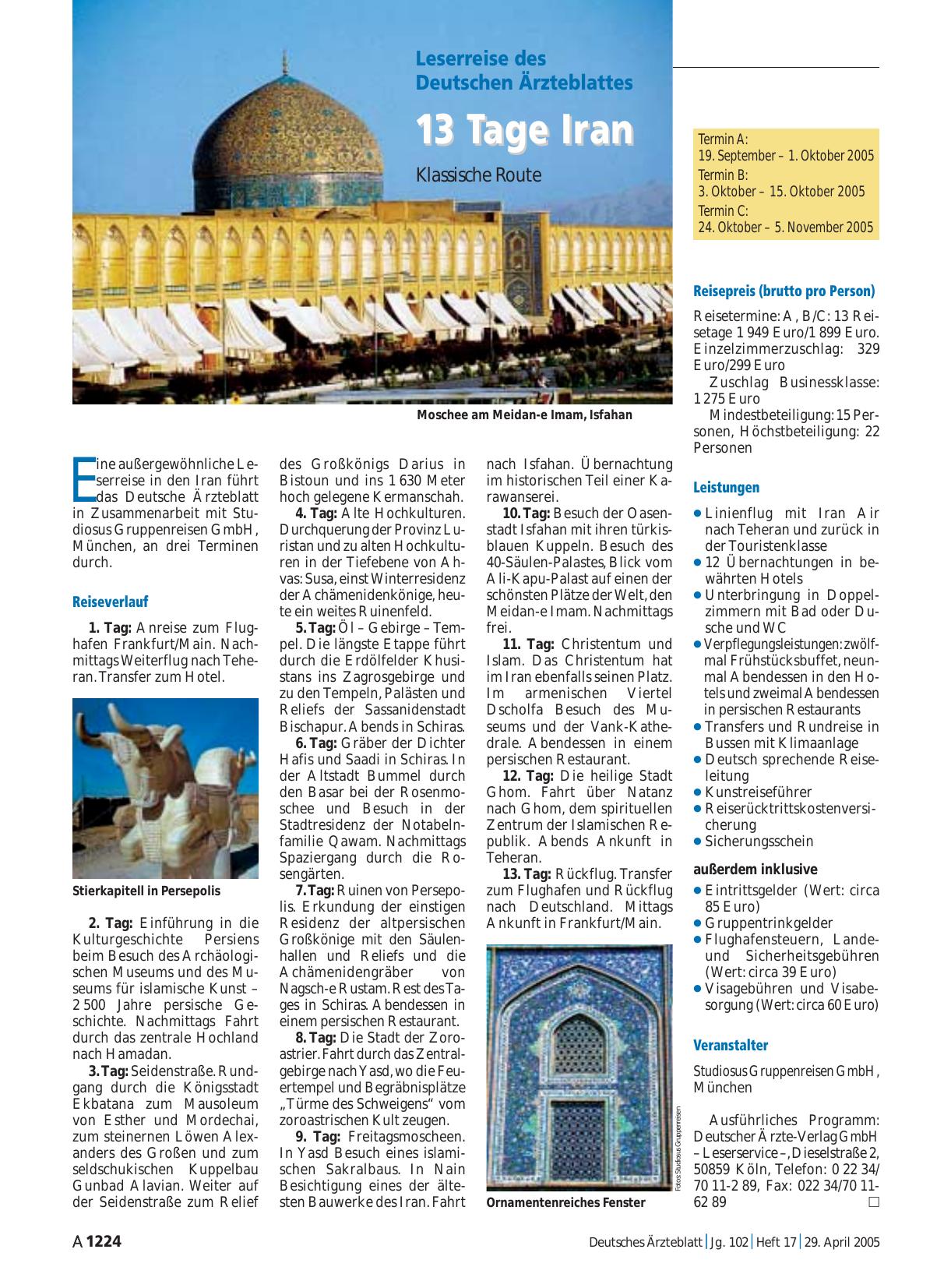Vorschauseite 1: Leserreise des Deutschen Ärzteblattes: 13 Tage Iran