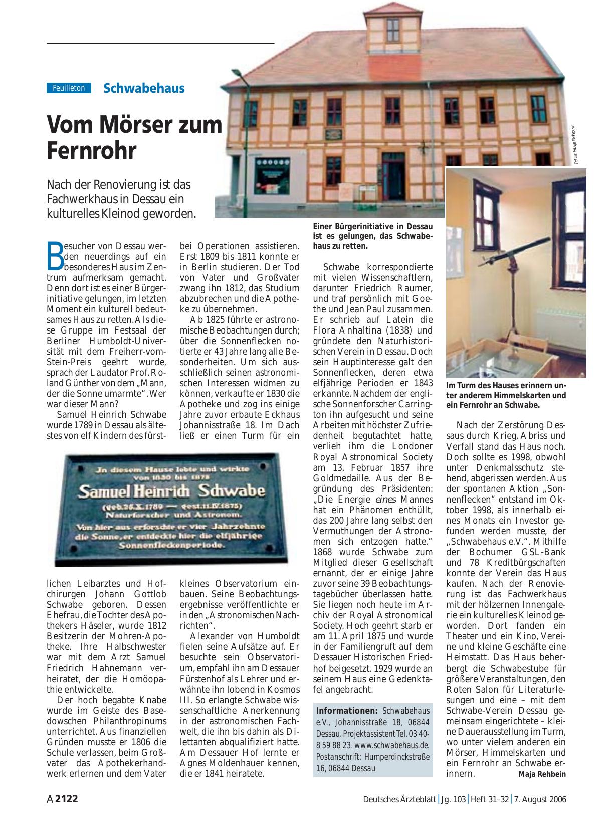 Vorschauseite 1: Schwabehaus: Vom Mörser zum Fernrohr