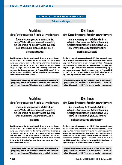 Vorschauseite 1: Beschluss des Gemeinsamen Bundesausschusses über eine Änderung der Arzneimittel-Richtlinie: Anlage XII – Beschlüsse über die Nutzenbewertung von Arzneimitteln mit neuen Wirkstoffe…
