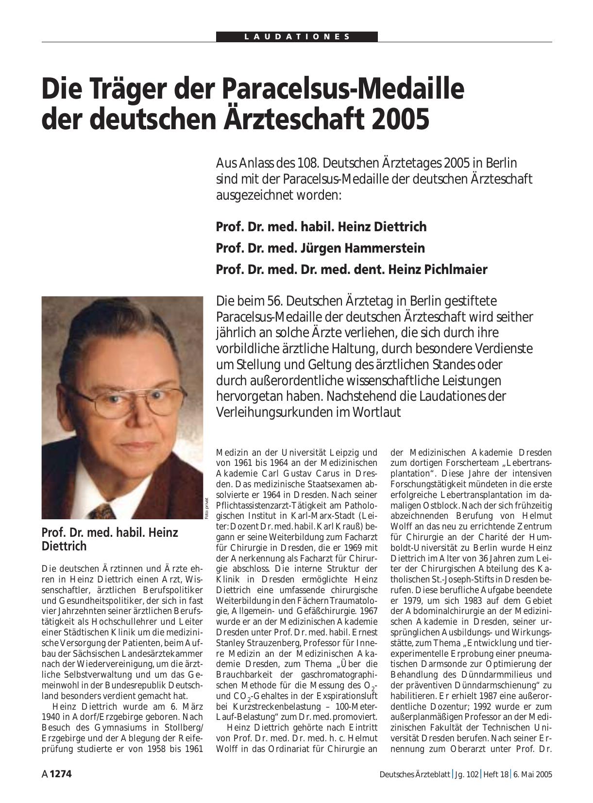 Vorschauseite 1: Die Träger der Paracelsus-Medaille der deutschen Ärzteschaft 2005