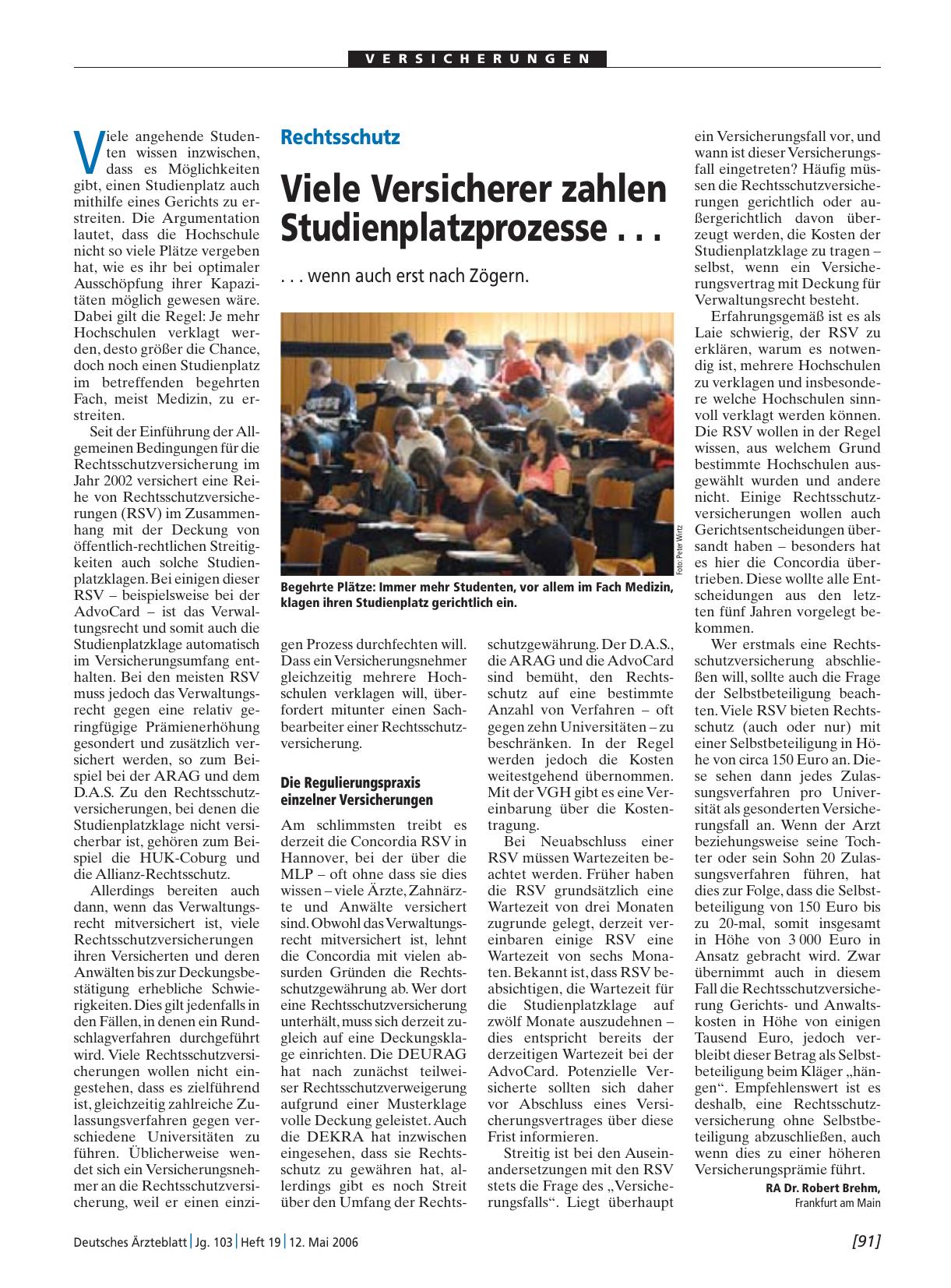 Vorschauseite 1: Rechtsschutz: Viele Versicherer zahlen Studienplatzprozesse. ..