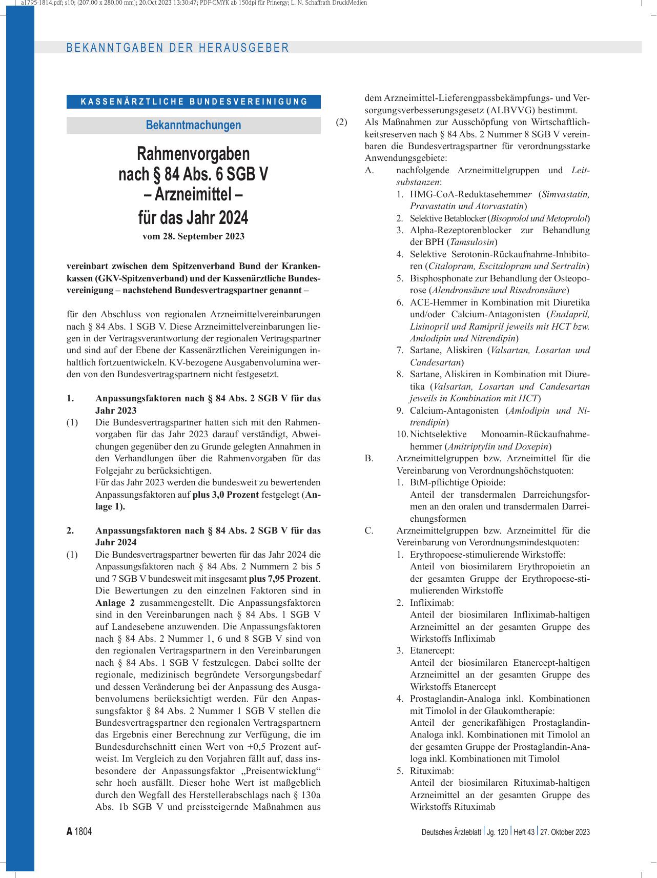 Vorschauseite 1: Rahmenvorgaben nach § 84 Abs. 6 SGB V – Arzneimittel – für das Jahr 2024