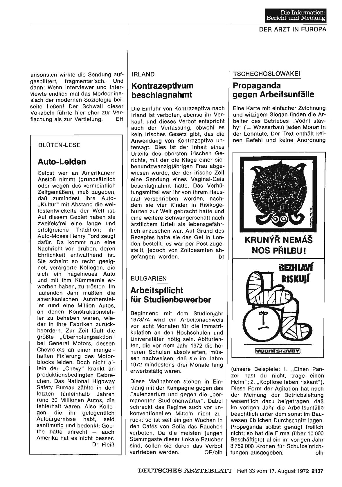 Vorschauseite 1: Tschechoslowakei: Propaganda gegen Arbeitsunfälle