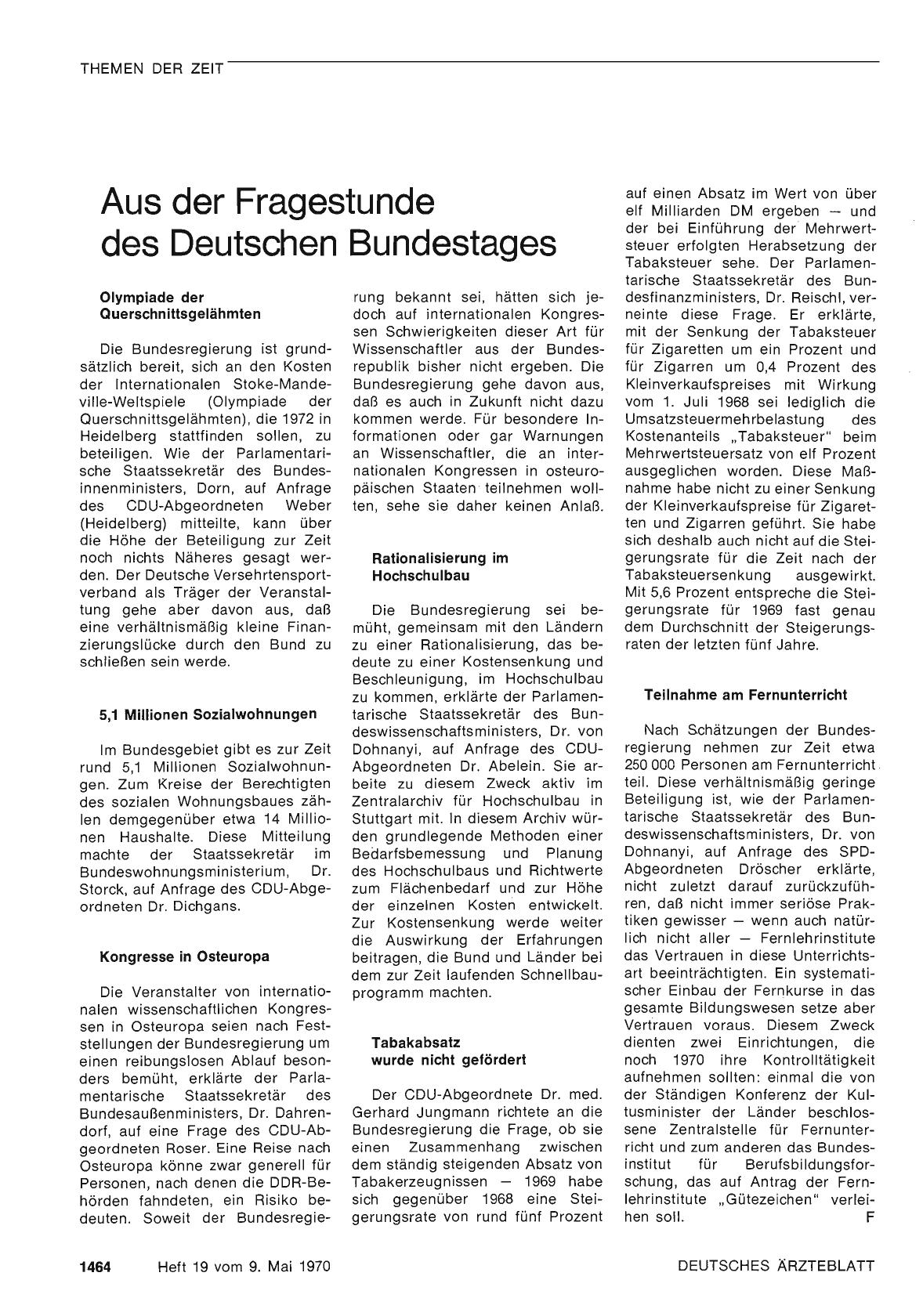 Vorschauseite 1: Aus der Fragestunde des Deutschen Bundestages