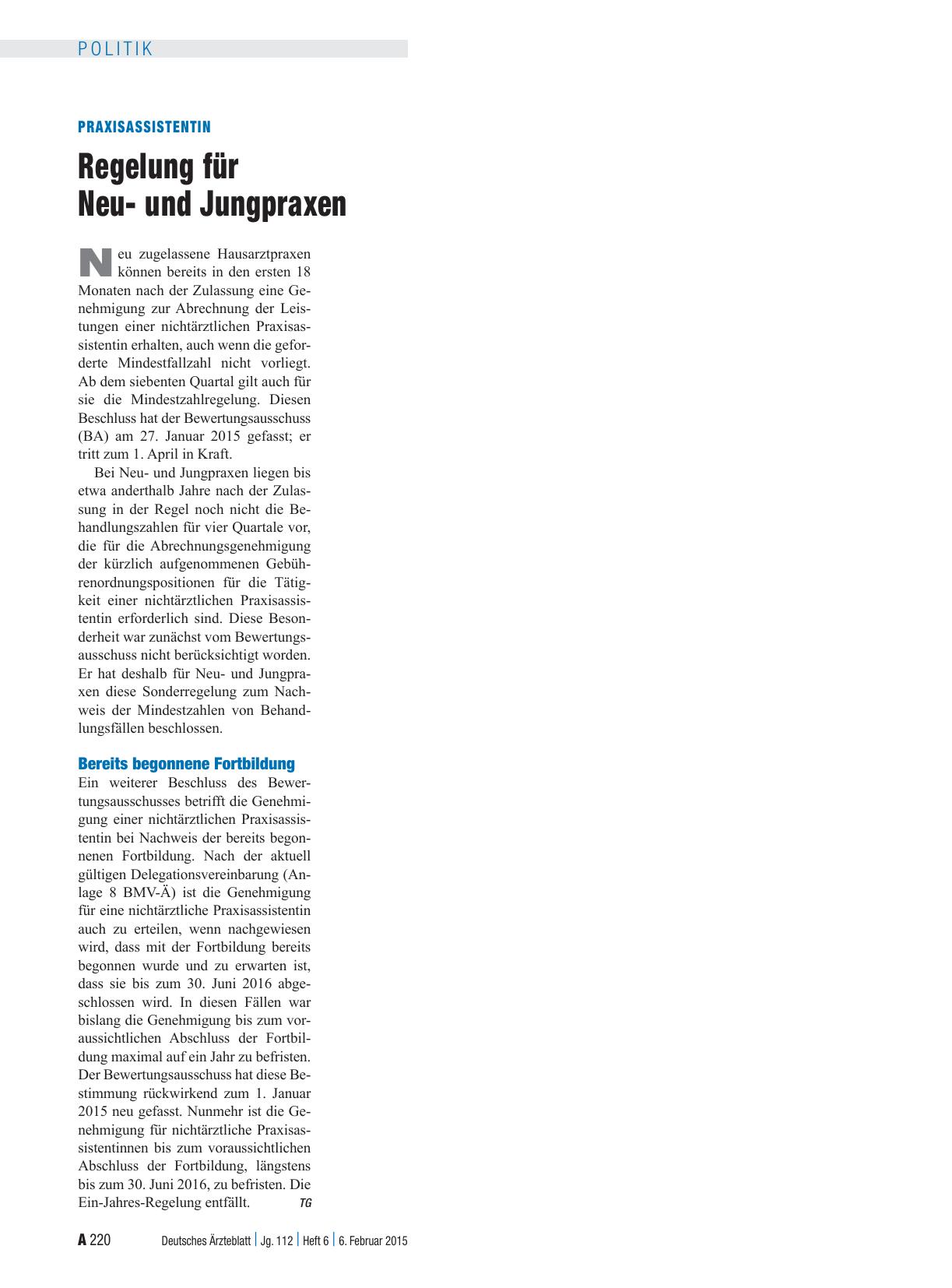 Vorschauseite 1: Praxisassistentin: Regelung für Neuund Jungpraxen