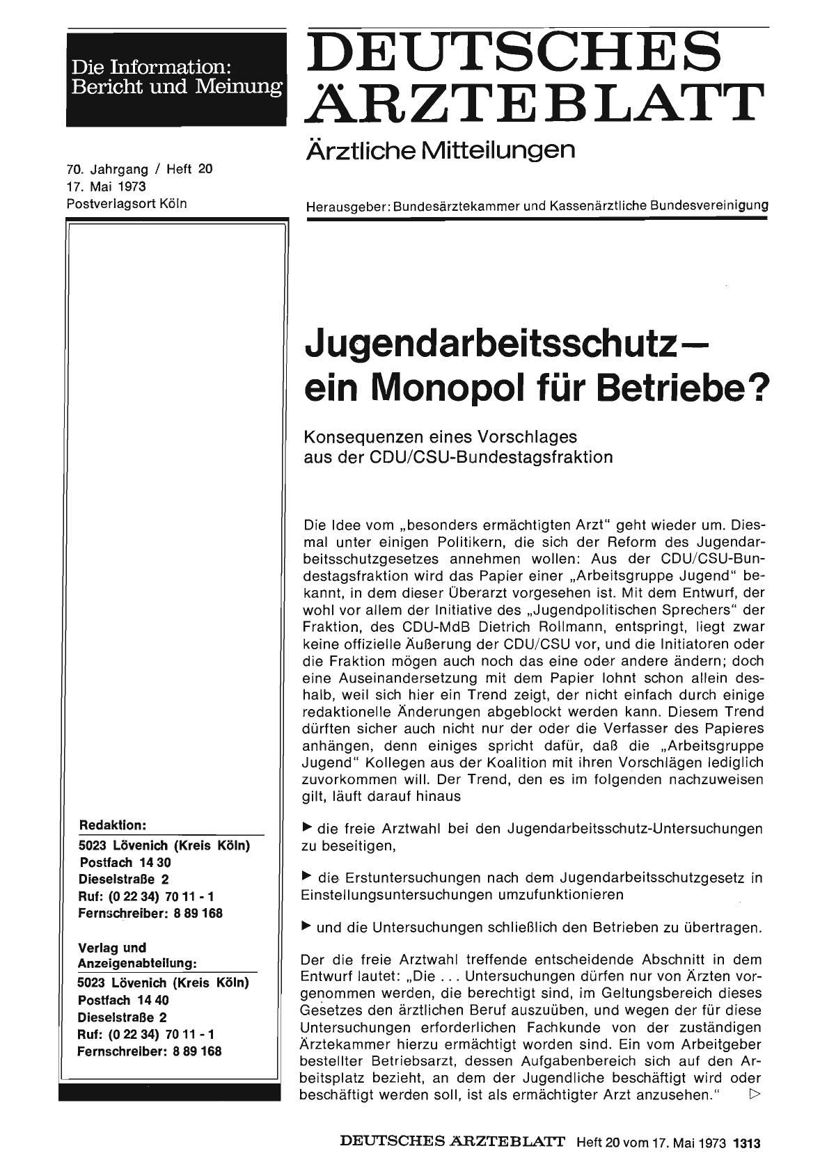 Vorschauseite 1: Jugendarbeitsschutz — ein Monopol für Betriebe? Konsequenzen eines Vorschlages aus der CDU/CSU-Bundestagsfraktion