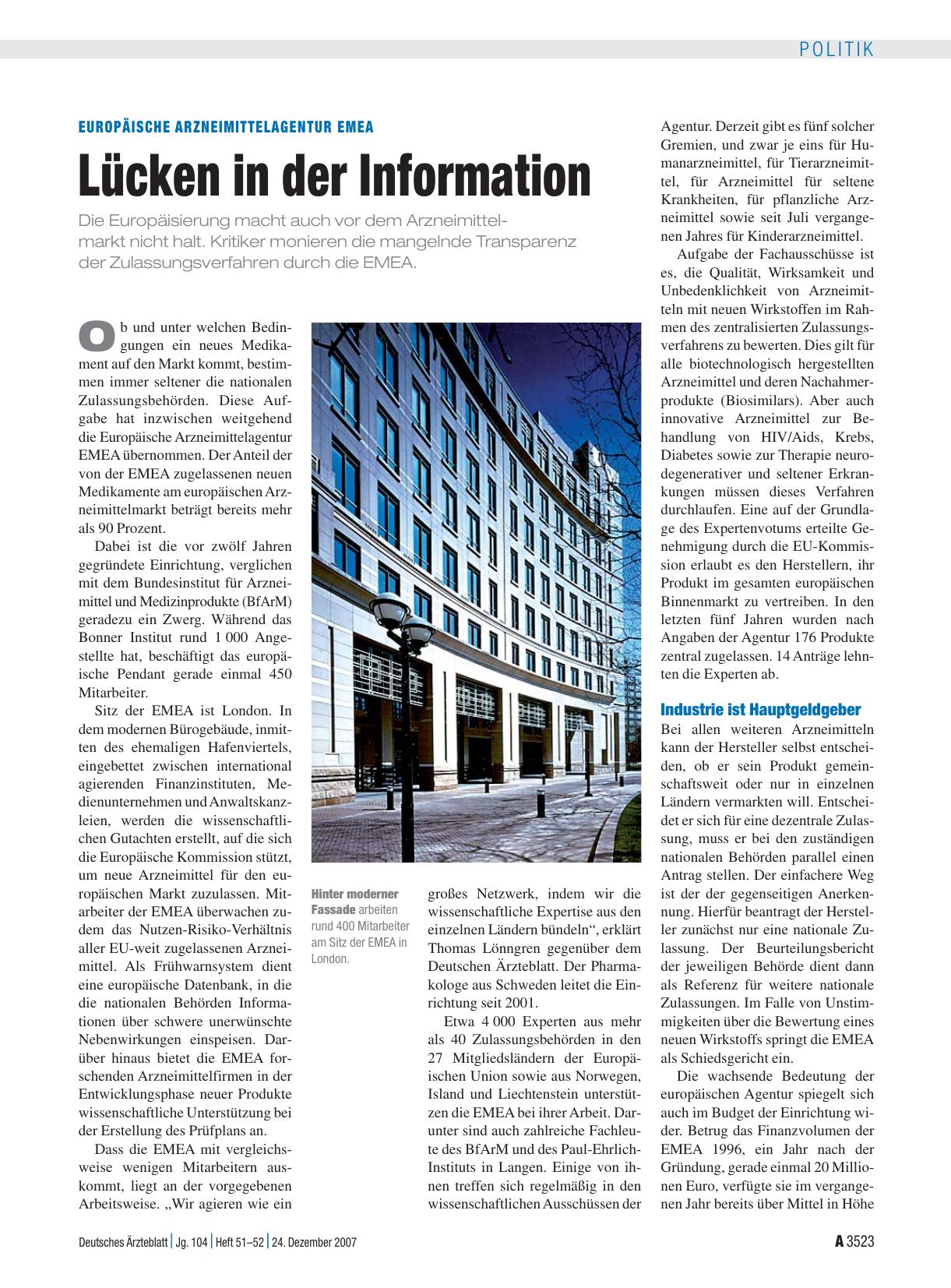 Vorschauseite 1: Europäische Arzneimittelagentur EMEA: Lücken in der Information