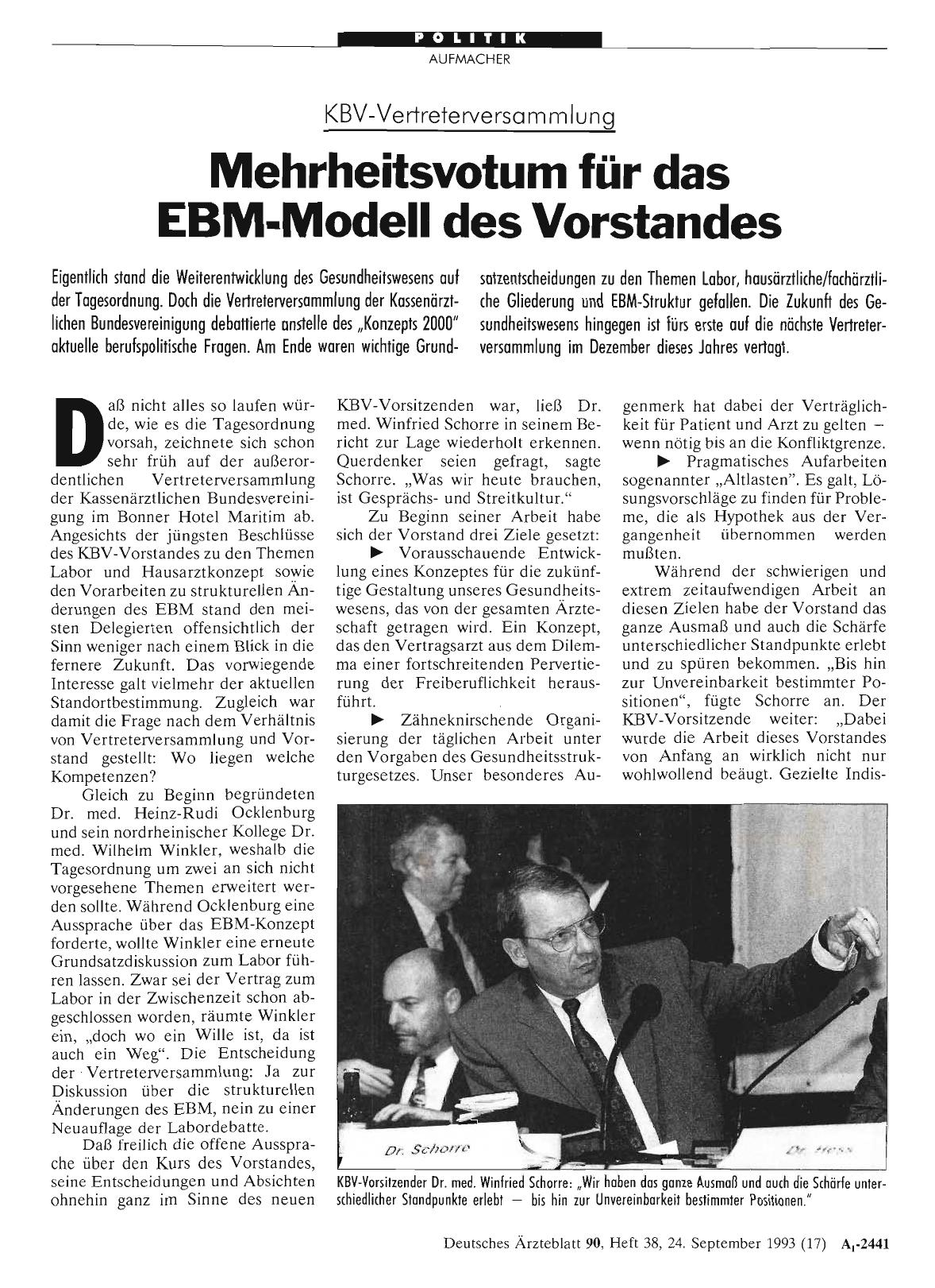 Vorschauseite 1: KBV-VertreterversammIung: Mehrheitsvotum für das EBM-Modell des Vorstandes