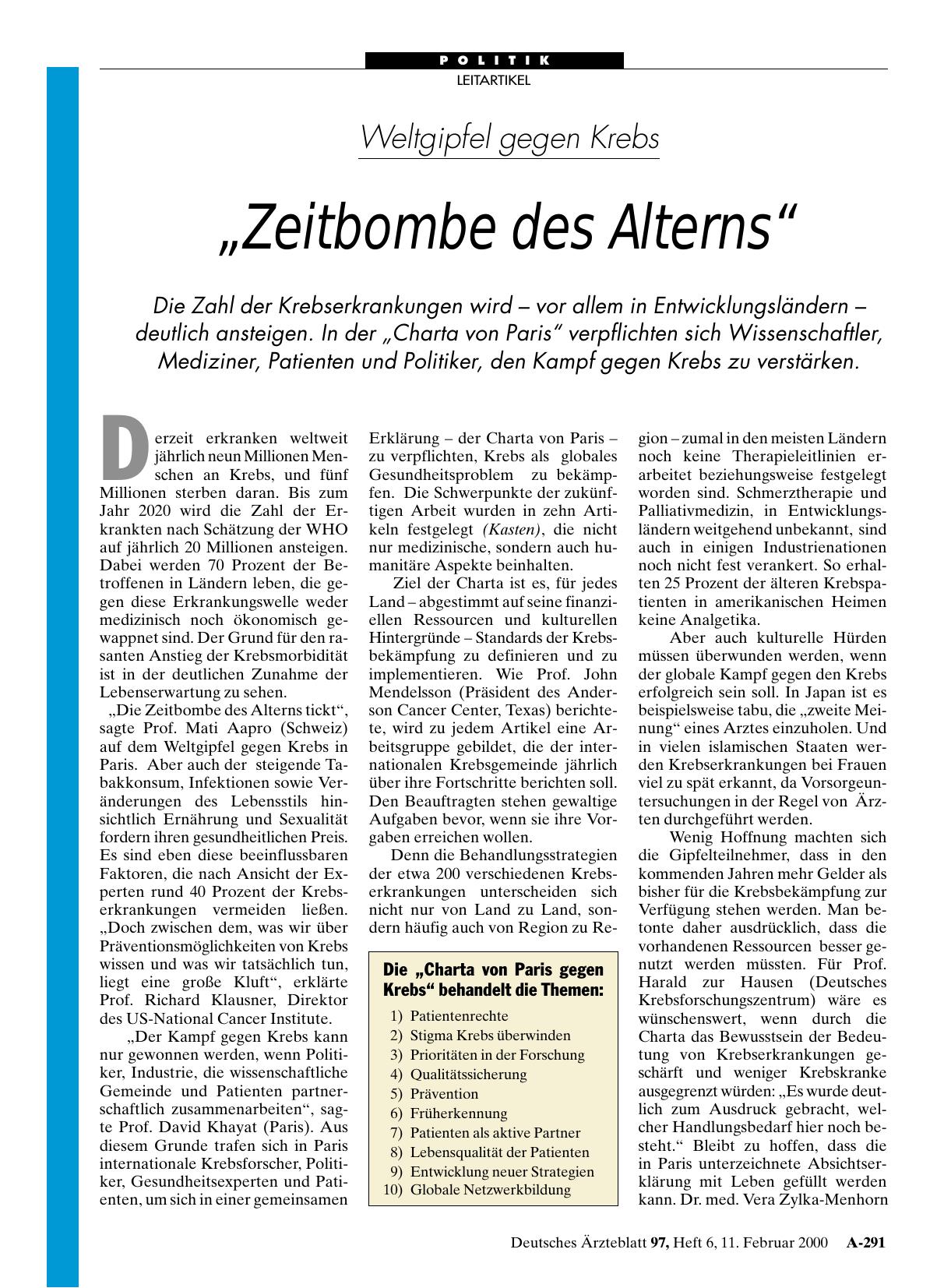 Vorschauseite 1: Weltgipfel gegen Krebs: „Zeitbombe des Alterns“