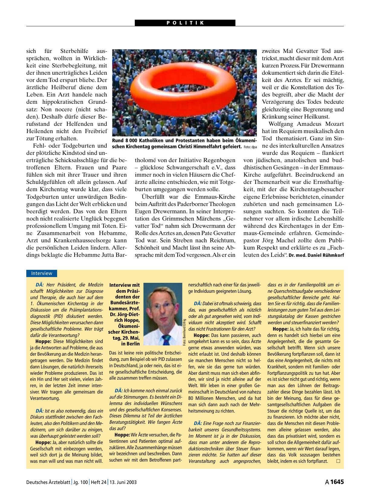 Vorschauseite 1: Interview mit dem Präsidenten der Bundesärztekammer, Prof. Dr. Jörg-Dietrich Hoppe, Ökumenischer Kirchentag, 29. Mai, in Berlin