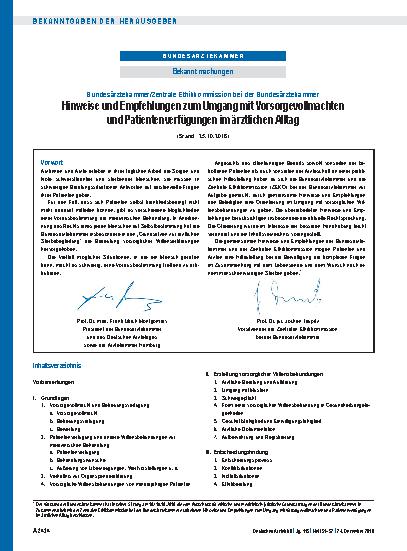 Vorschauseite 1: Bundesärztekammer/Zentrale Ethikkommission bei der Bundesärztekammer: Hinweise und Empfehlungen zum Umgang mit Vorsorgevollmachten und Patientenverfügungen im ärztlichen Alltag