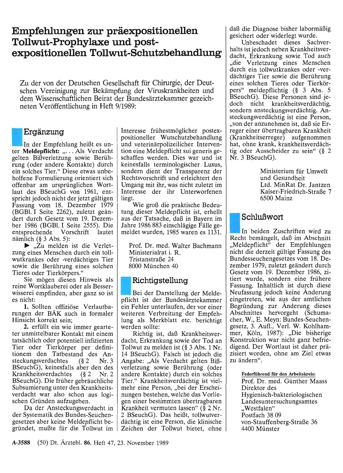 Vorschauseite 1: Empfehlungen zur präexpositioneilen Tollwut-Prophylaxe und postexpositioneilen Tollwut-Schutzbehandlung: Richtigstellung