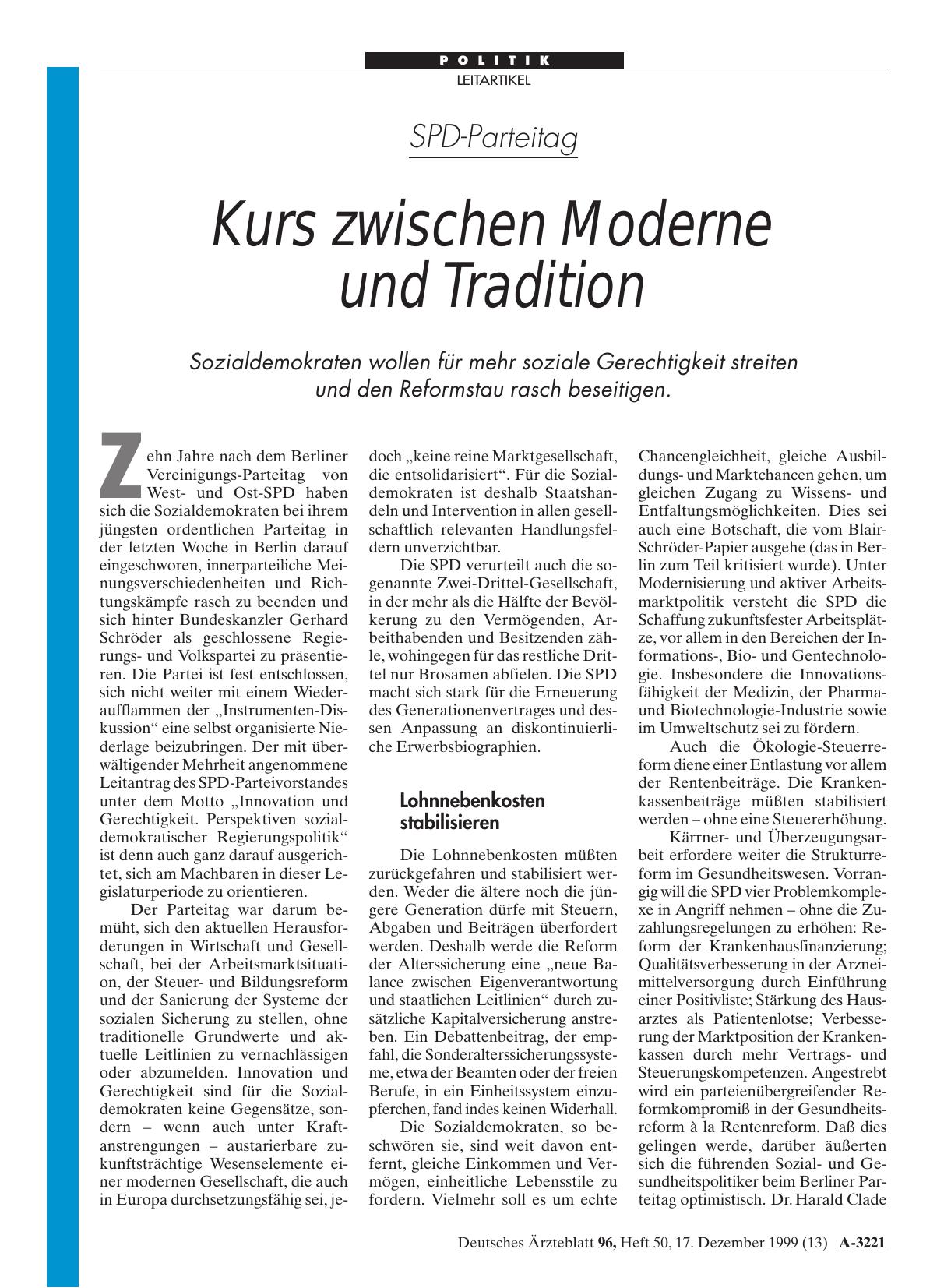 Vorschauseite 1: SPD-Parteitag: Kurs zwischen Moderne und Tradition