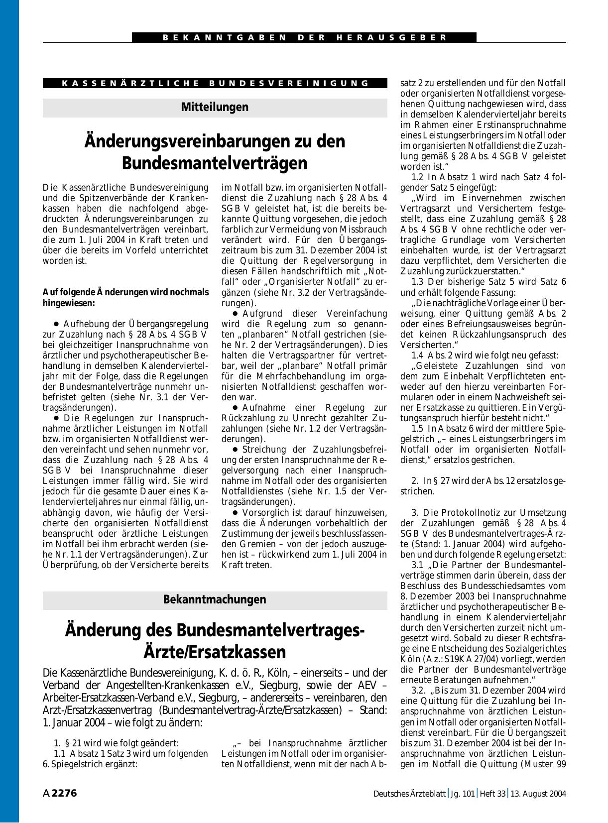 Vorschauseite 1: Änderung des Bundesmantelvertrages-Ärzte/Ersatzkassen