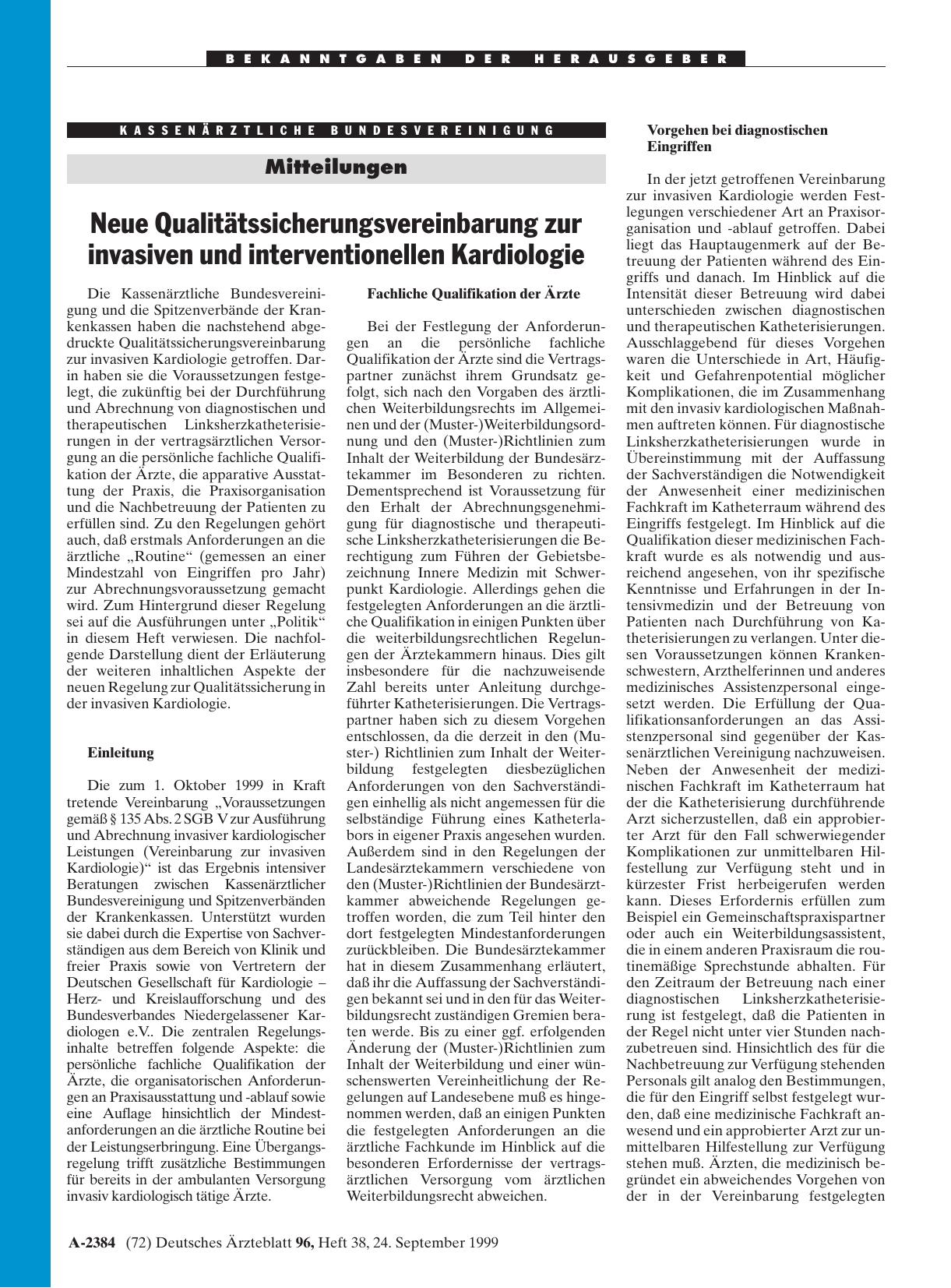Vorschauseite 1: Neue Qualitätssicherungsvereinbarung zur invasiven und interventionellen Kardiologie