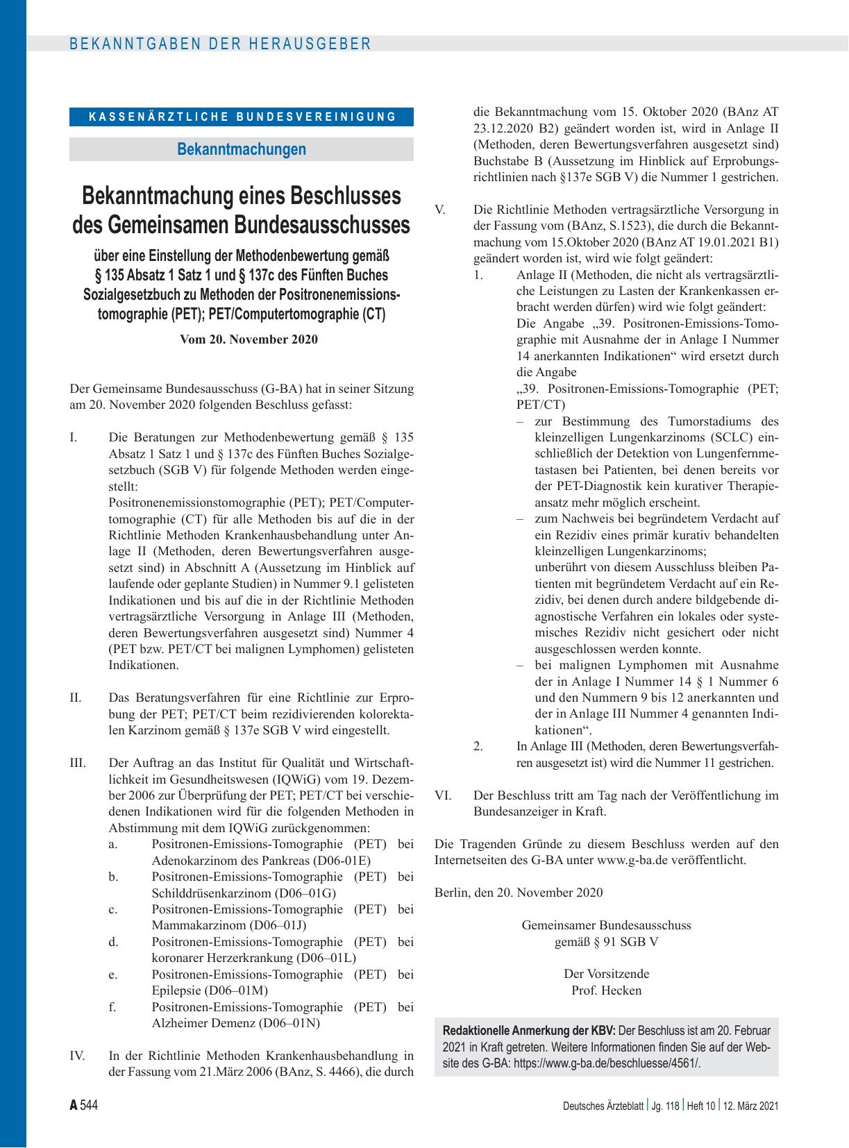 Vorschauseite 1: Bekanntmachung eines Beschlusses des Gemeinsamen Bundesausschusses über eine Einstellung der Methodenbewertung gemäß § 135 Absatz 1 Satz 1 und § 137c des Fünften Buches Sozialgese…