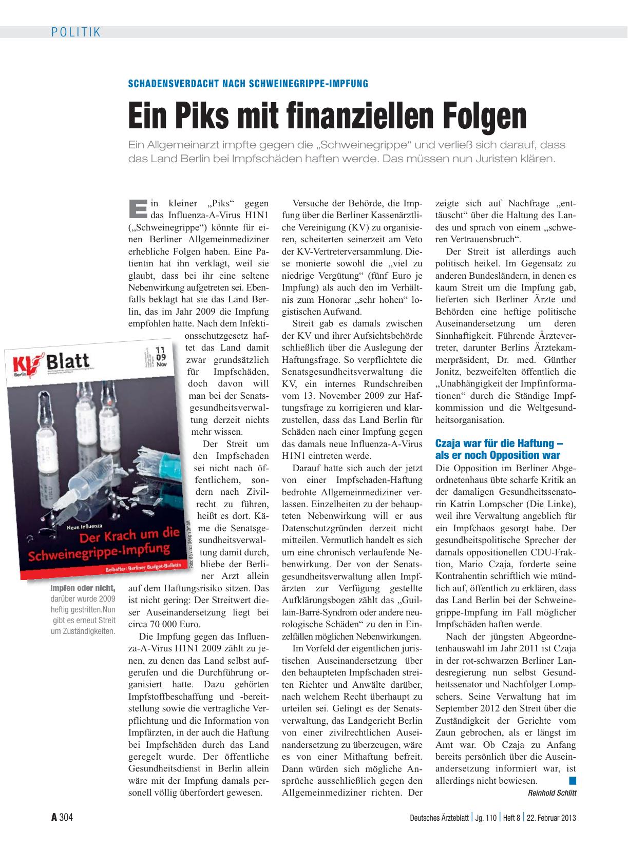 Vorschauseite 1: Schadensverdacht nach Schweinegrippe-Impfung: Ein Piks mit finanziellen Folgen