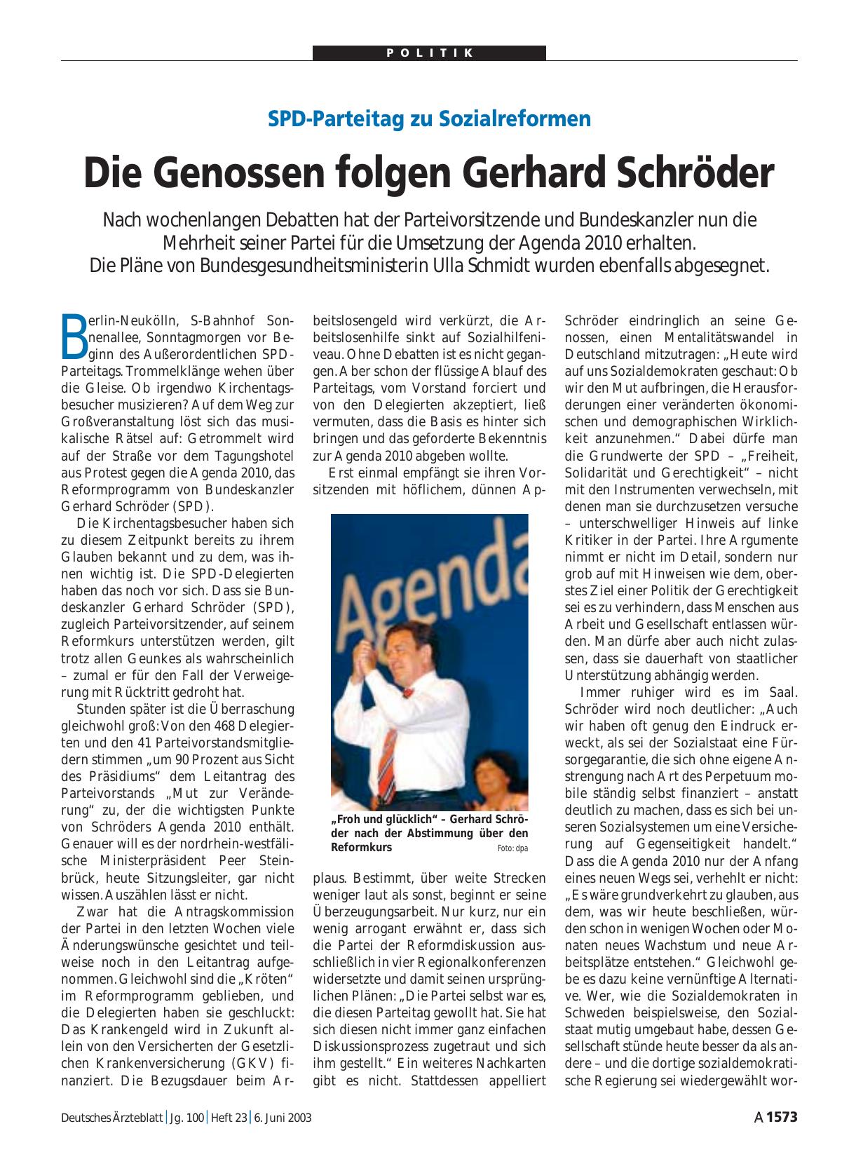Vorschauseite 1: SPD-Parteitag zu Sozialreformen: Die Genossen folgen Gerhard Schröder