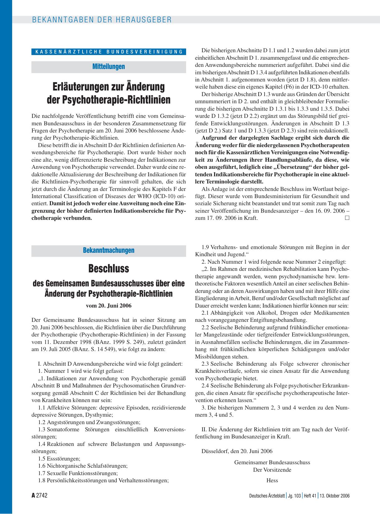 Vorschauseite 1: Mitteilungen: Erläuterungen zur Änderung der Psychotherapie-Richtlinien