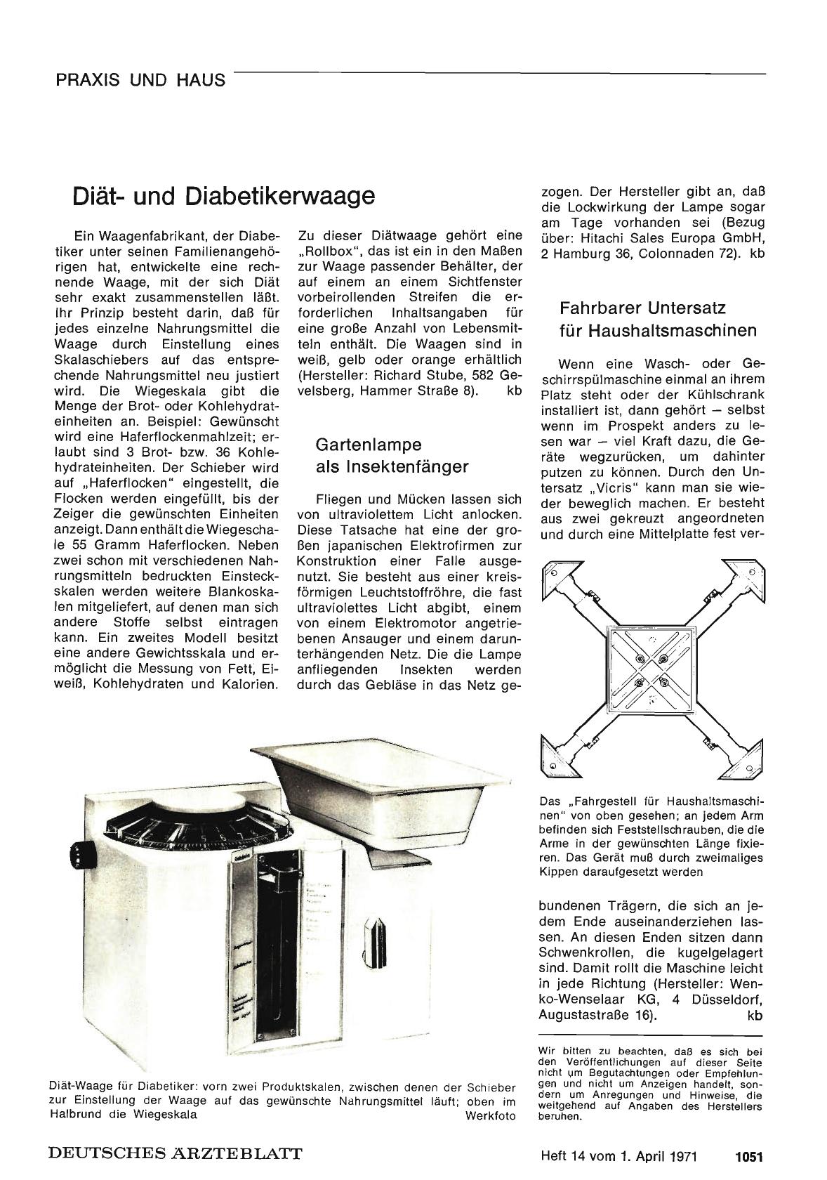 Vorschauseite 1: Diätund Diabetikerwaage / Gartenlampe als Insektenfänger / Fahrbarer Untersatz für Haushaltsmaschinen